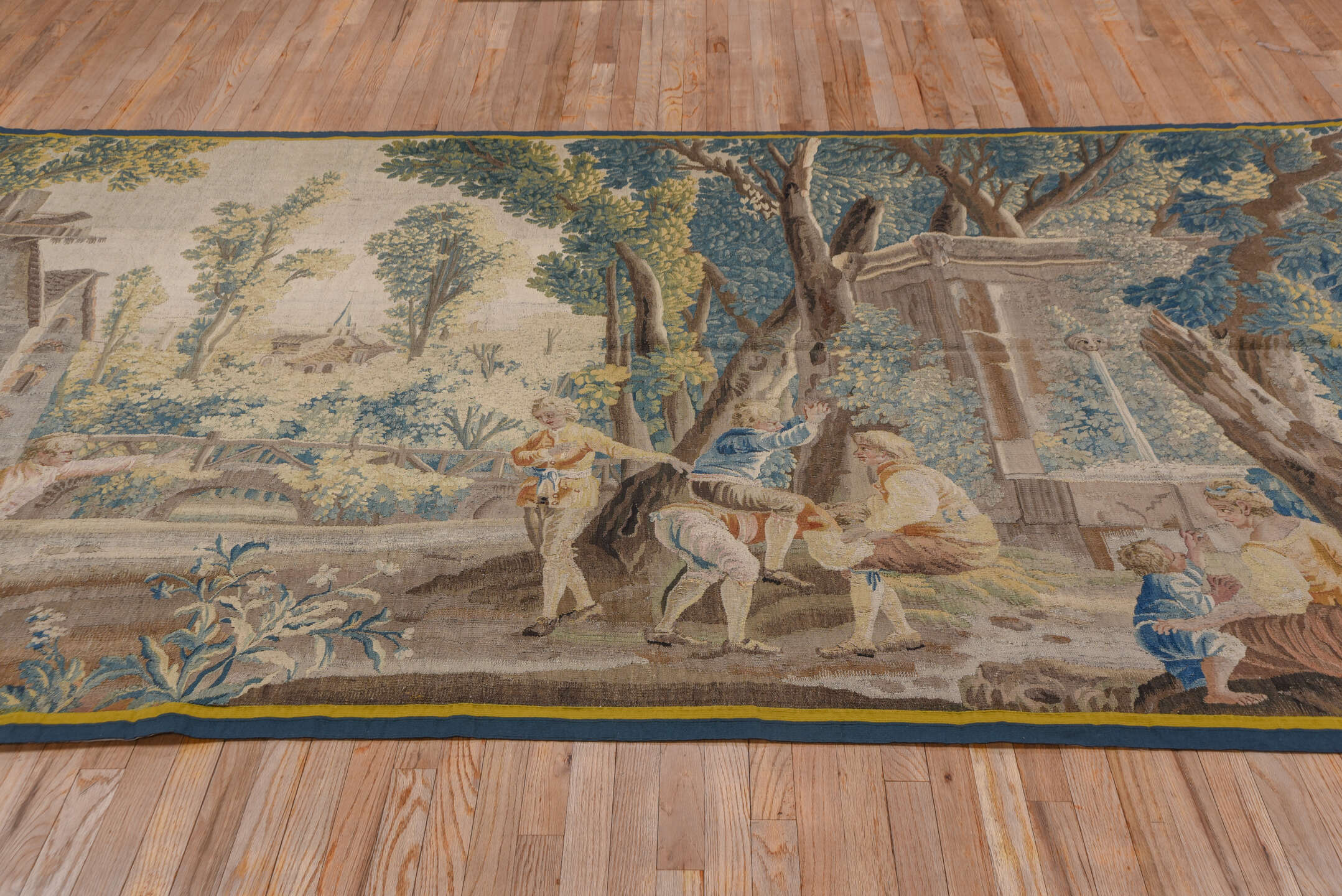 6' x 11' one-of-a-kind handmade vintage Tapestry large size rug. Color palette: ivory, slate, taupe, blue, camel, charcoal