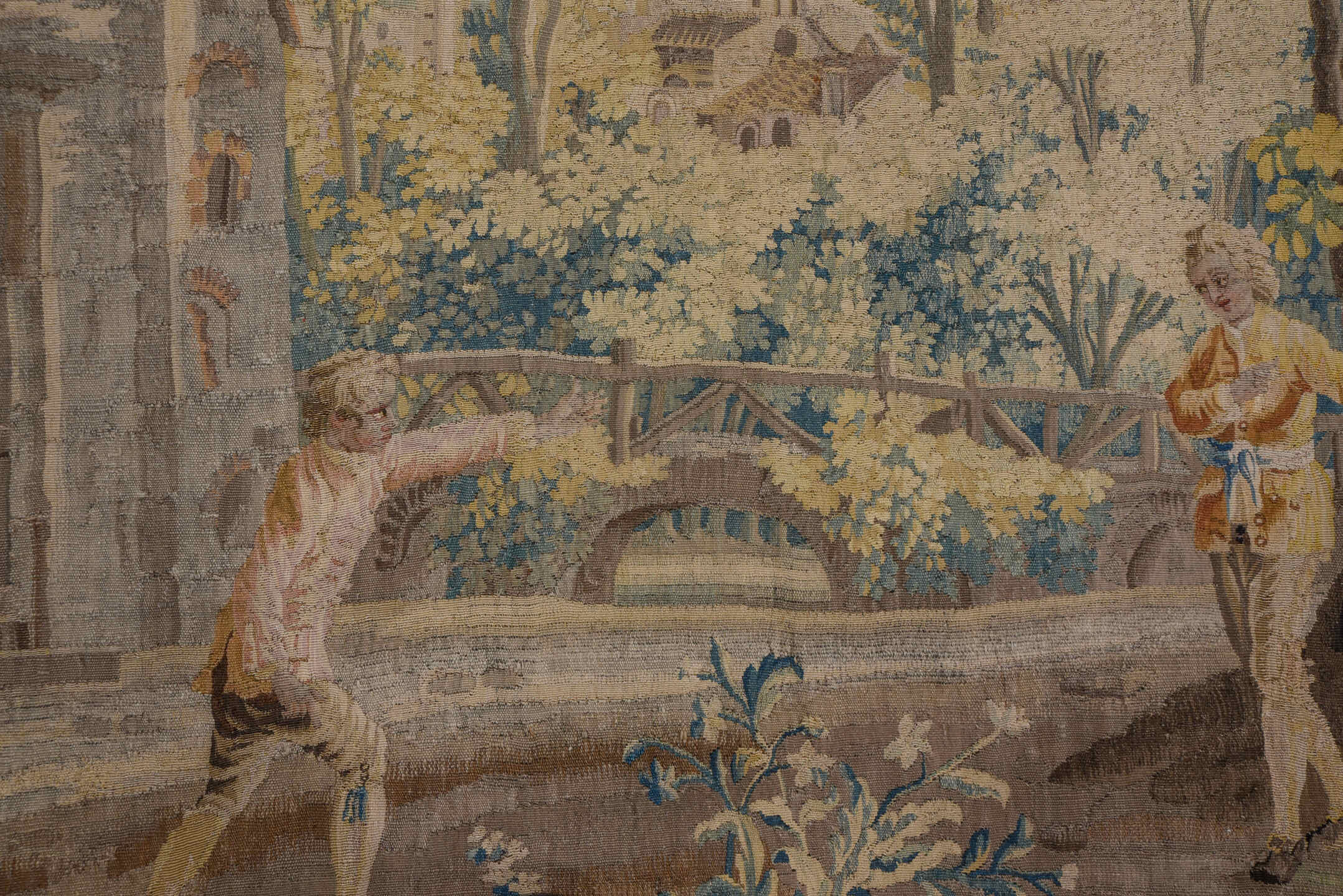 6' x 11' one-of-a-kind handmade vintage Tapestry large size rug. Color palette: ivory, slate, taupe, blue, camel, charcoal