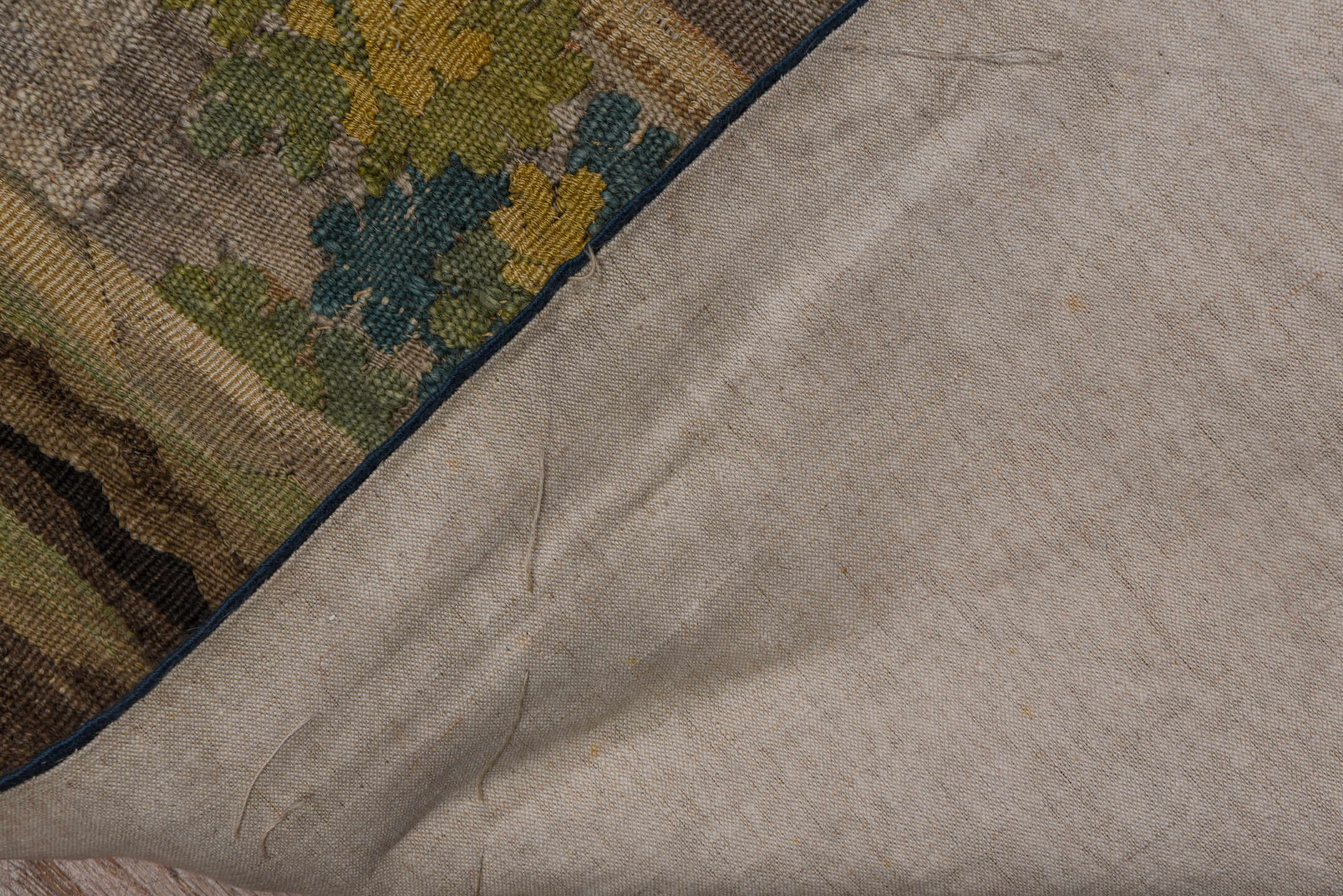 6' x 11' one-of-a-kind handmade vintage Tapestry large size rug. Color palette: ivory, slate, taupe, blue, camel, charcoal