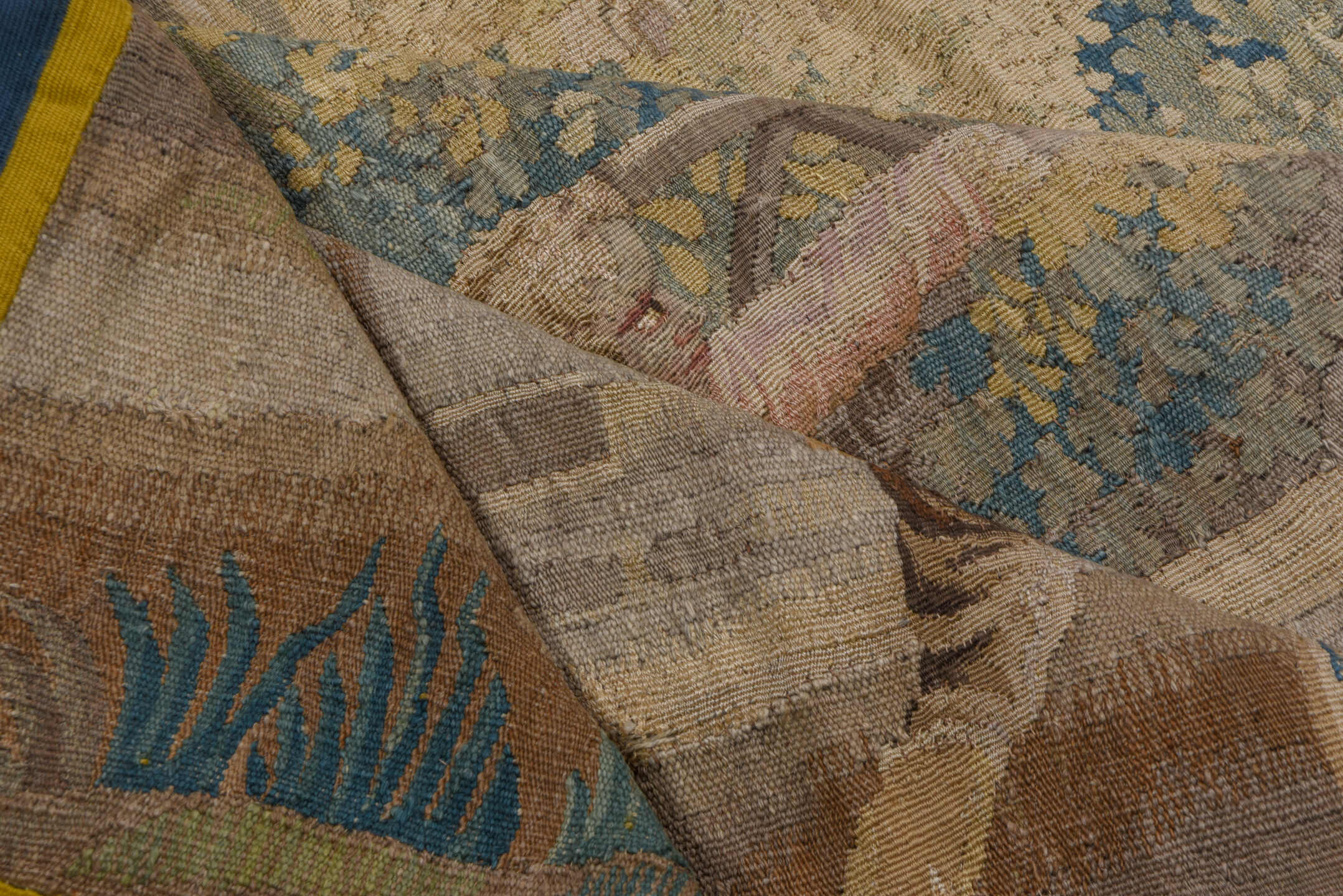 6' x 11' one-of-a-kind handmade vintage Tapestry large size rug. Color palette: ivory, slate, taupe, blue, camel, charcoal