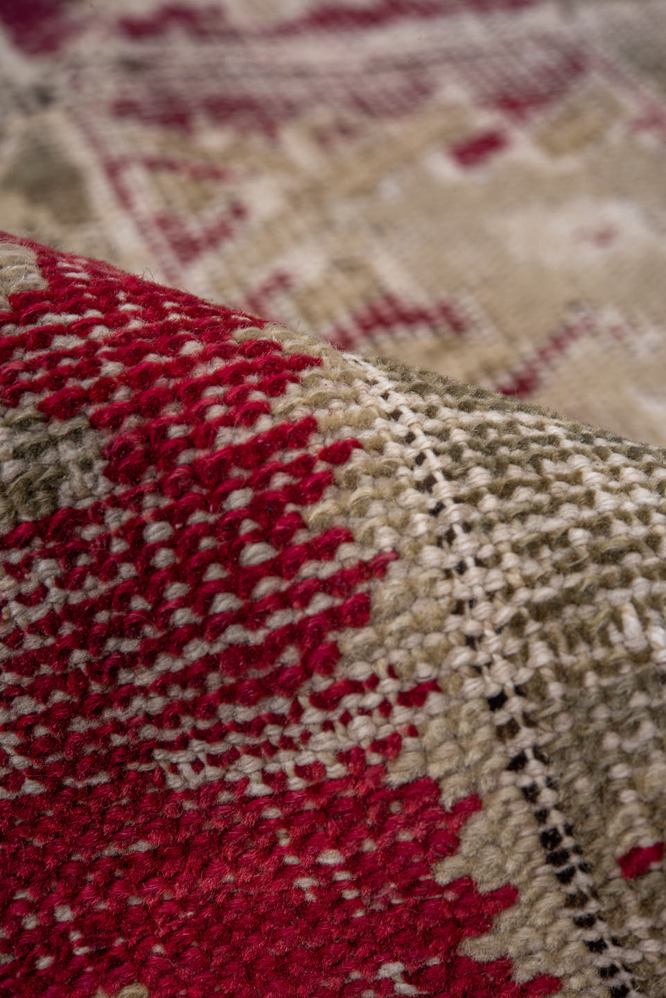 3' x 5' one-of-a-kind handmade antique Ghordes small size rug. Color palette: ivory, crimson, taupe, olive, rose, beige, red