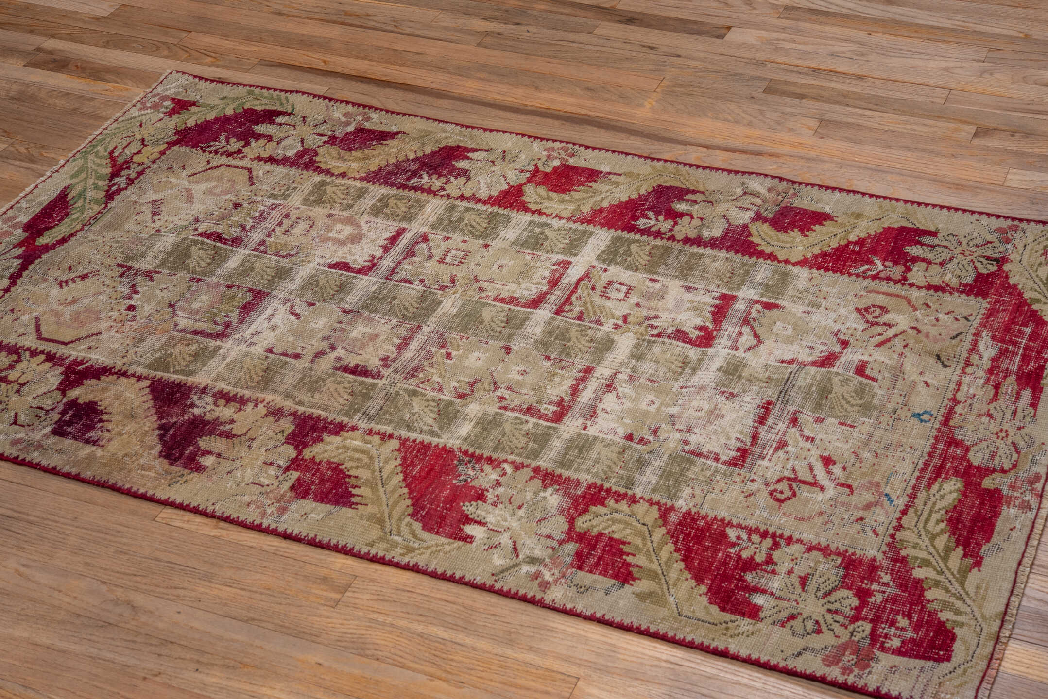 3' x 5' one-of-a-kind handmade antique Ghordes small size rug. Color palette: ivory, crimson, taupe, olive, rose, beige, red