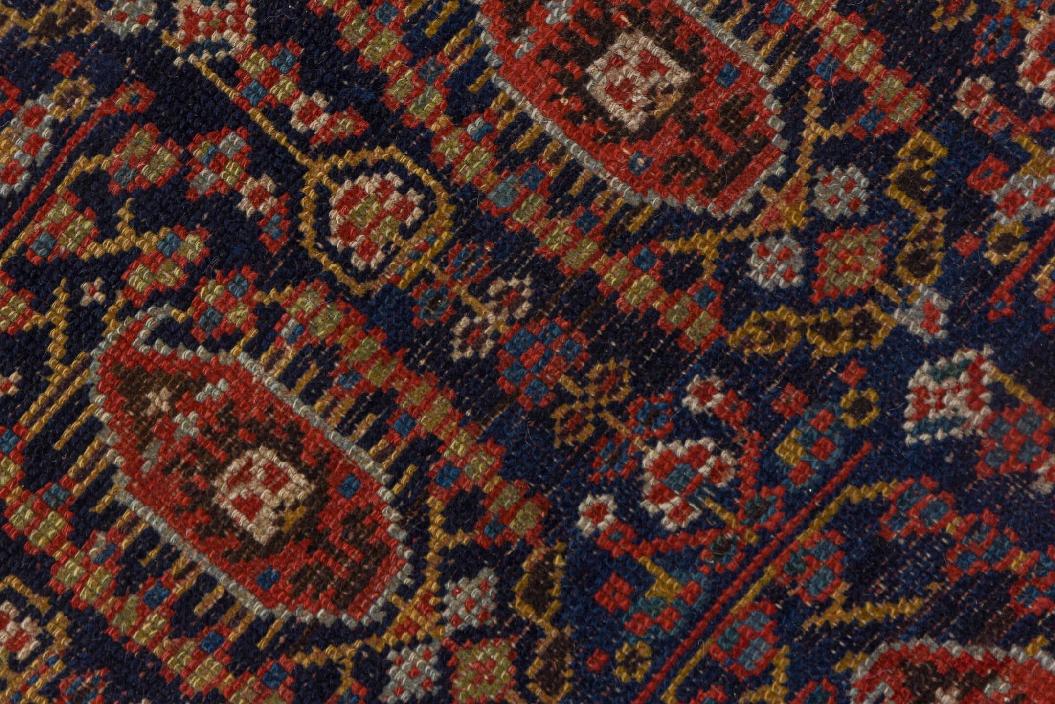 2' x 17' one-of-a-kind handmade antique NW Persian runner rug. Color palette: navy, rust, ivory, crimson, slate, camel, blue