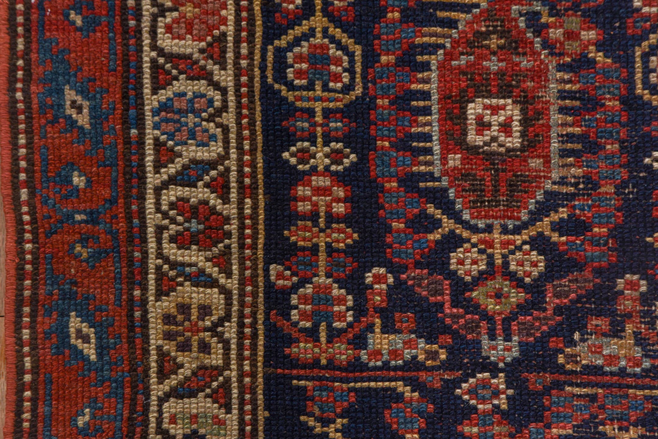 2' x 17' one-of-a-kind handmade antique NW Persian runner rug. Color palette: navy, rust, ivory, crimson, slate, camel, blue