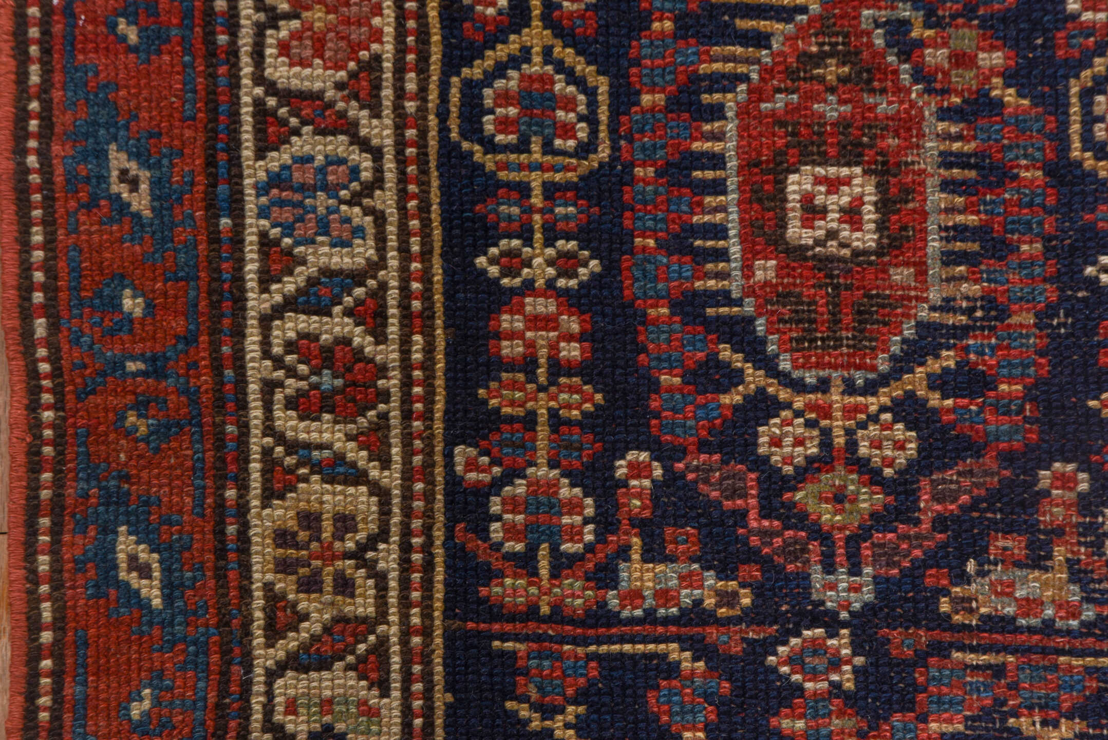 2' x 17' one-of-a-kind handmade antique NW Persian runner rug. Color palette: navy, rust, ivory, crimson, slate, camel, blue