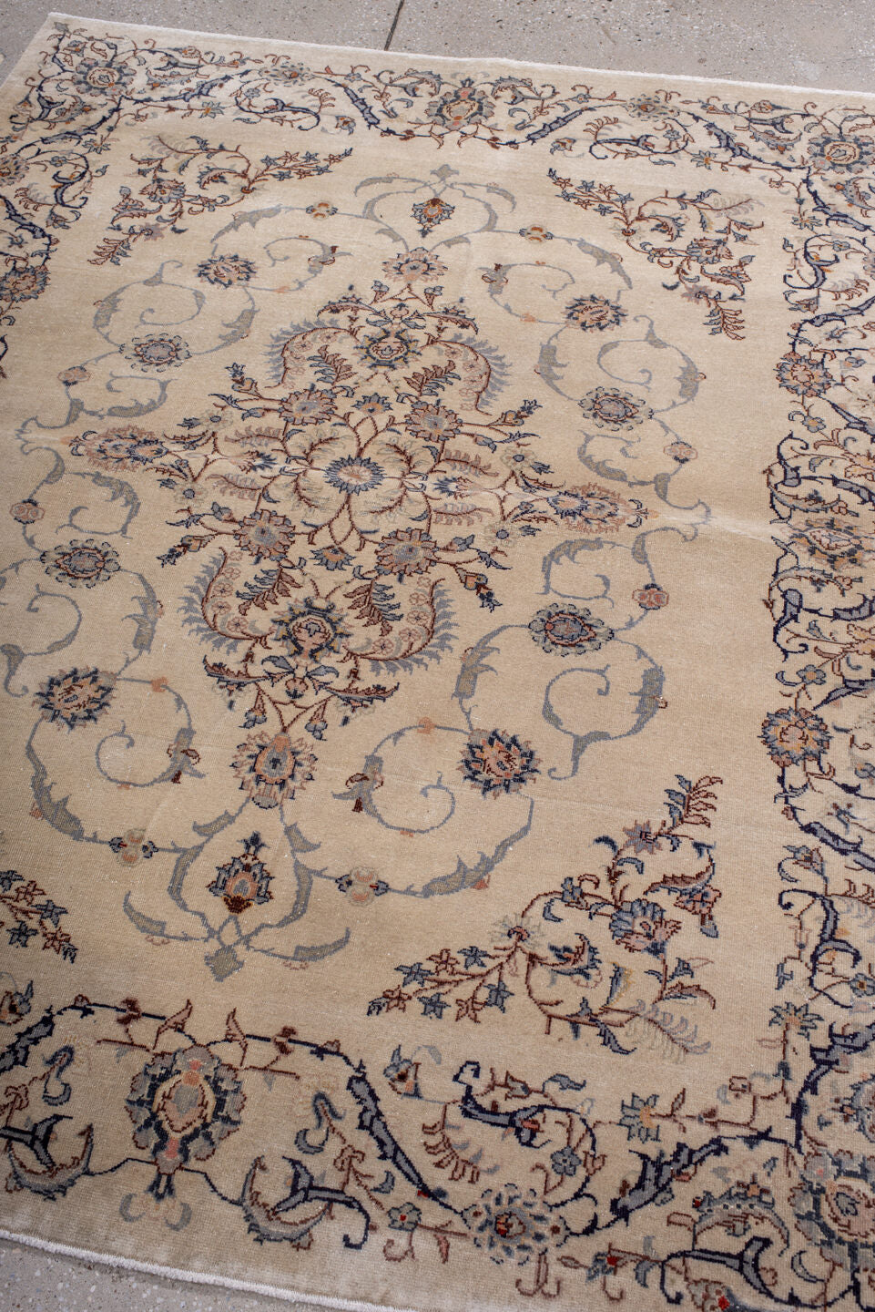 4' x 5' one-of-a-kind handmade antique Sivas small size rug. Color palette: ivory, slate, navy, taupe, rust, camel, gray