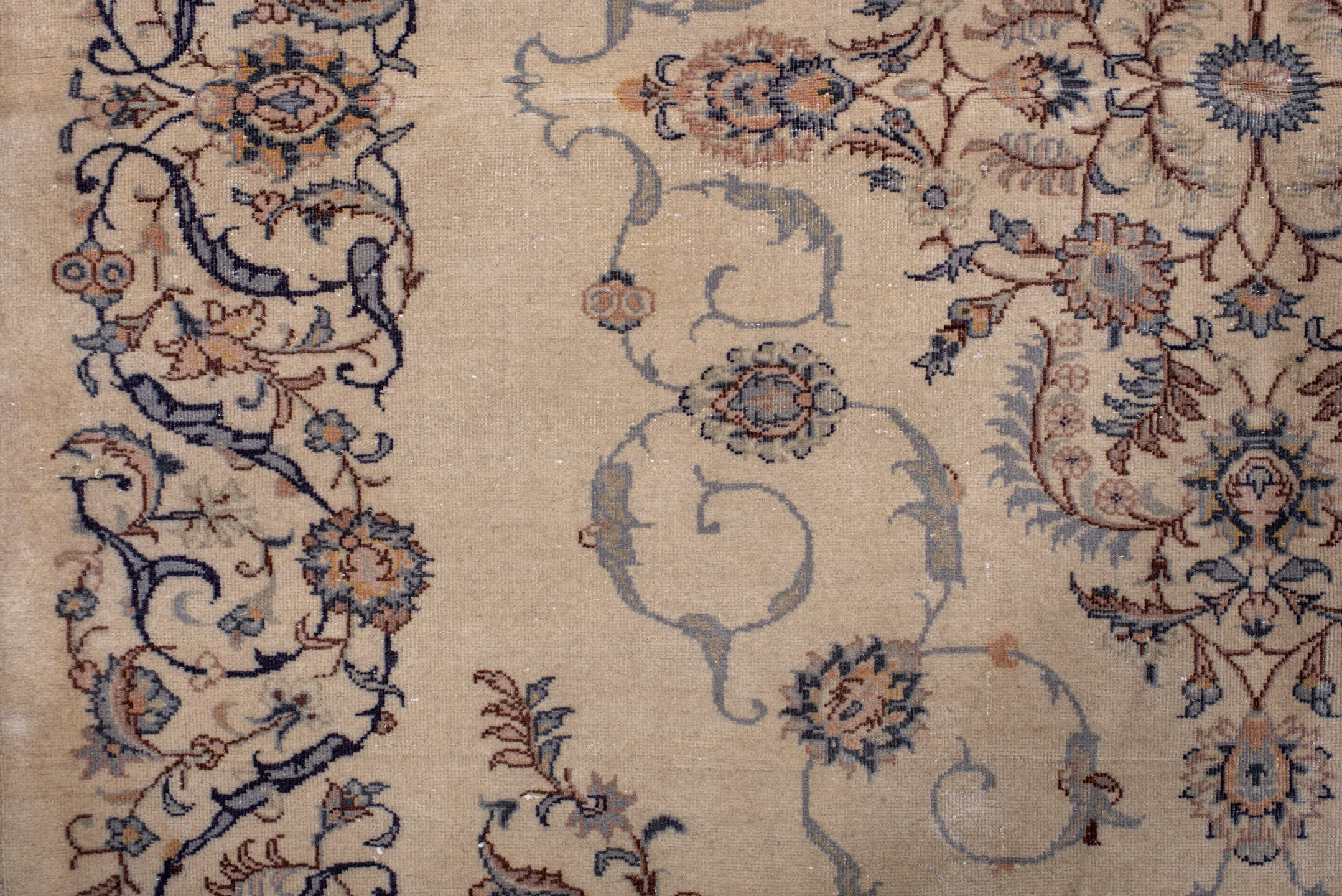 4' x 5' one-of-a-kind handmade antique Sivas small size rug. Color palette: ivory, slate, navy, taupe, rust, camel, gray