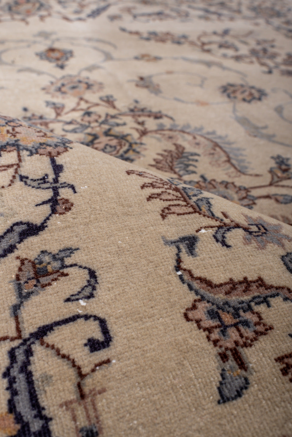 4' x 5' one-of-a-kind handmade vintage Sivas small size rug. Color palette: blue, brown, gray, light gray, off-white, orange