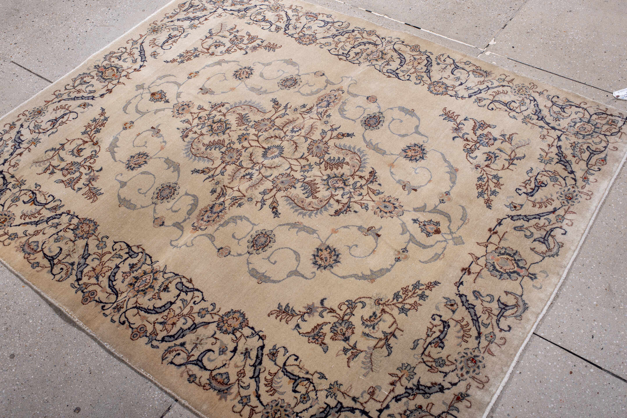 4' x 5' one-of-a-kind handmade antique Sivas small size rug. Color palette: ivory, slate, navy, taupe, rust, camel, gray