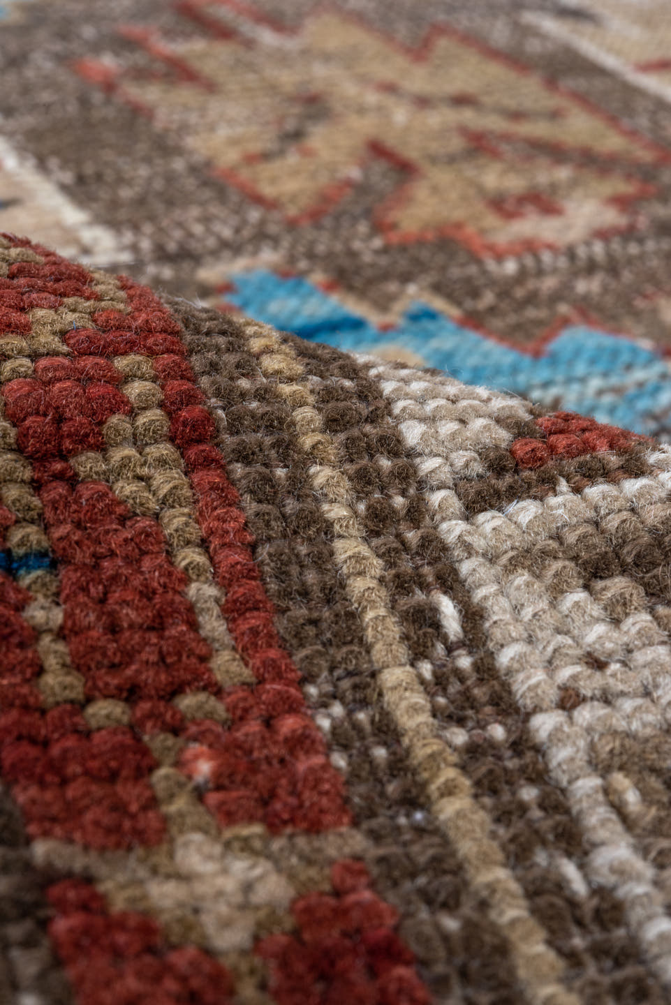 3' x 4' one-of-a-kind handmade vintage Caucasian small size rug. Color palette: taupe, ivory, sky_blue, rust, camel, navy