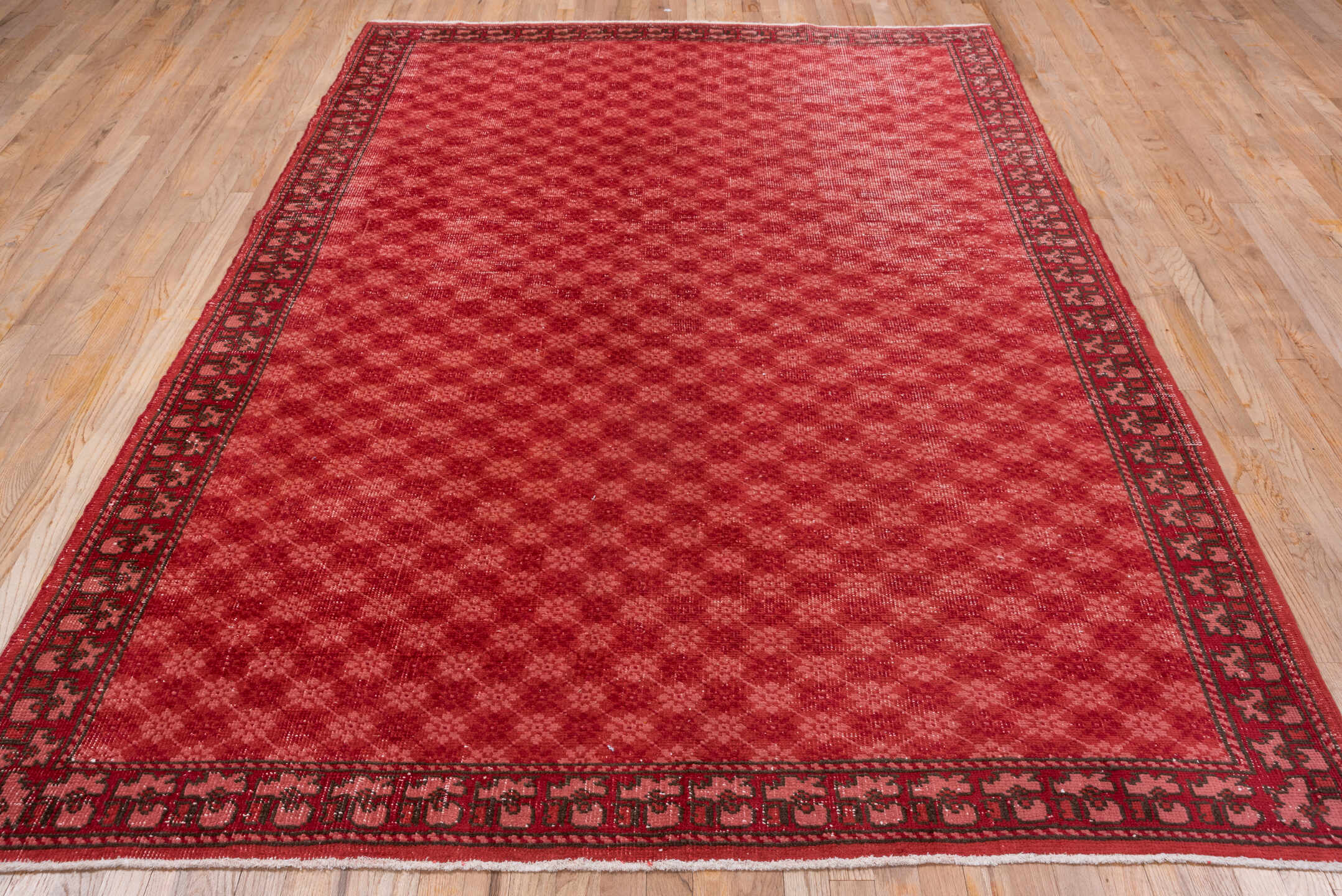 6' x 9' one-of-a-kind handmade vintage Oushak medium size rug. Color palette: brown, off-white, pink, red, redwood