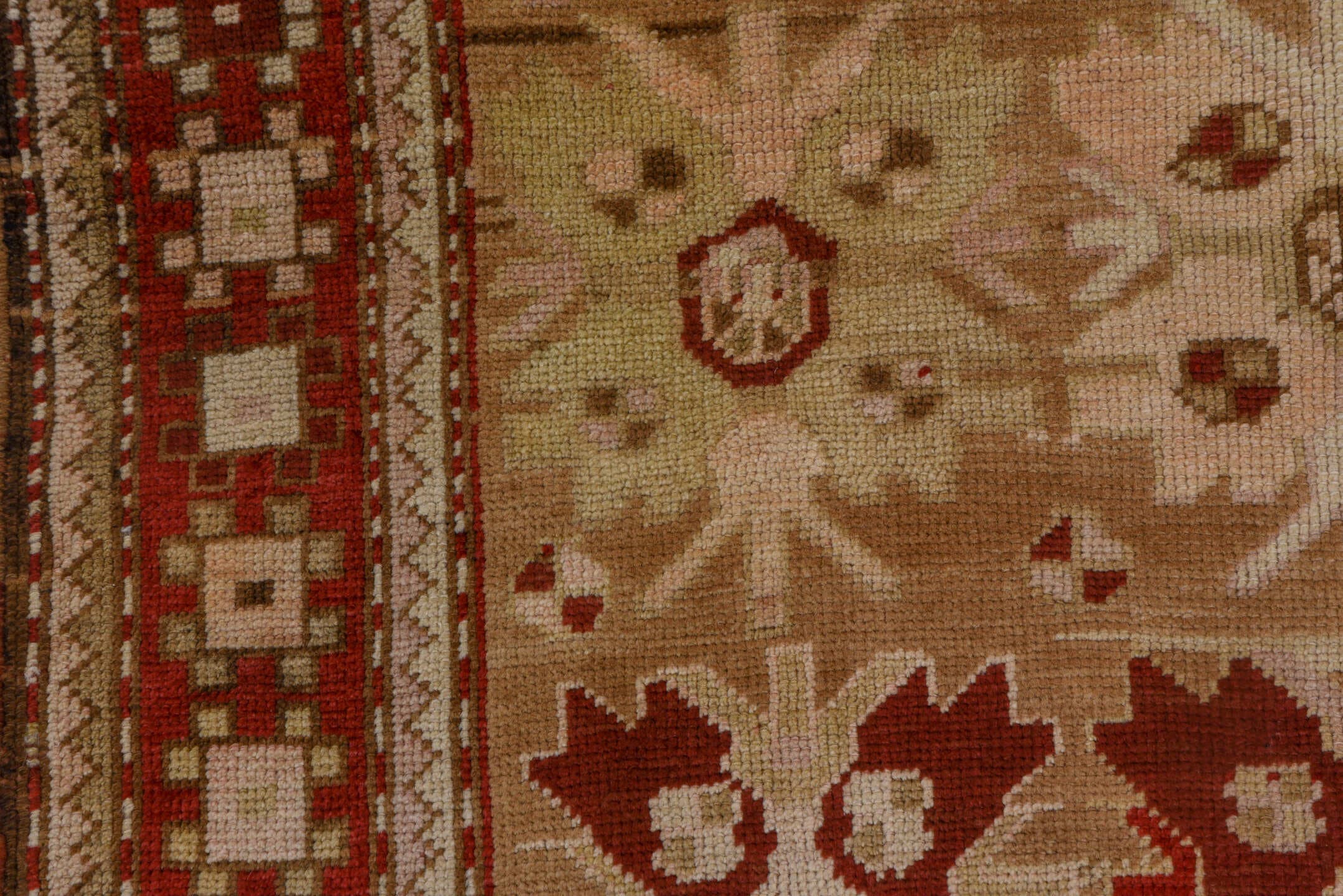 4' x 6' one-of-a-kind handmade antique Caucasian small size rug. Color palette: ivory, rust, beige, camel, taupe, sienna