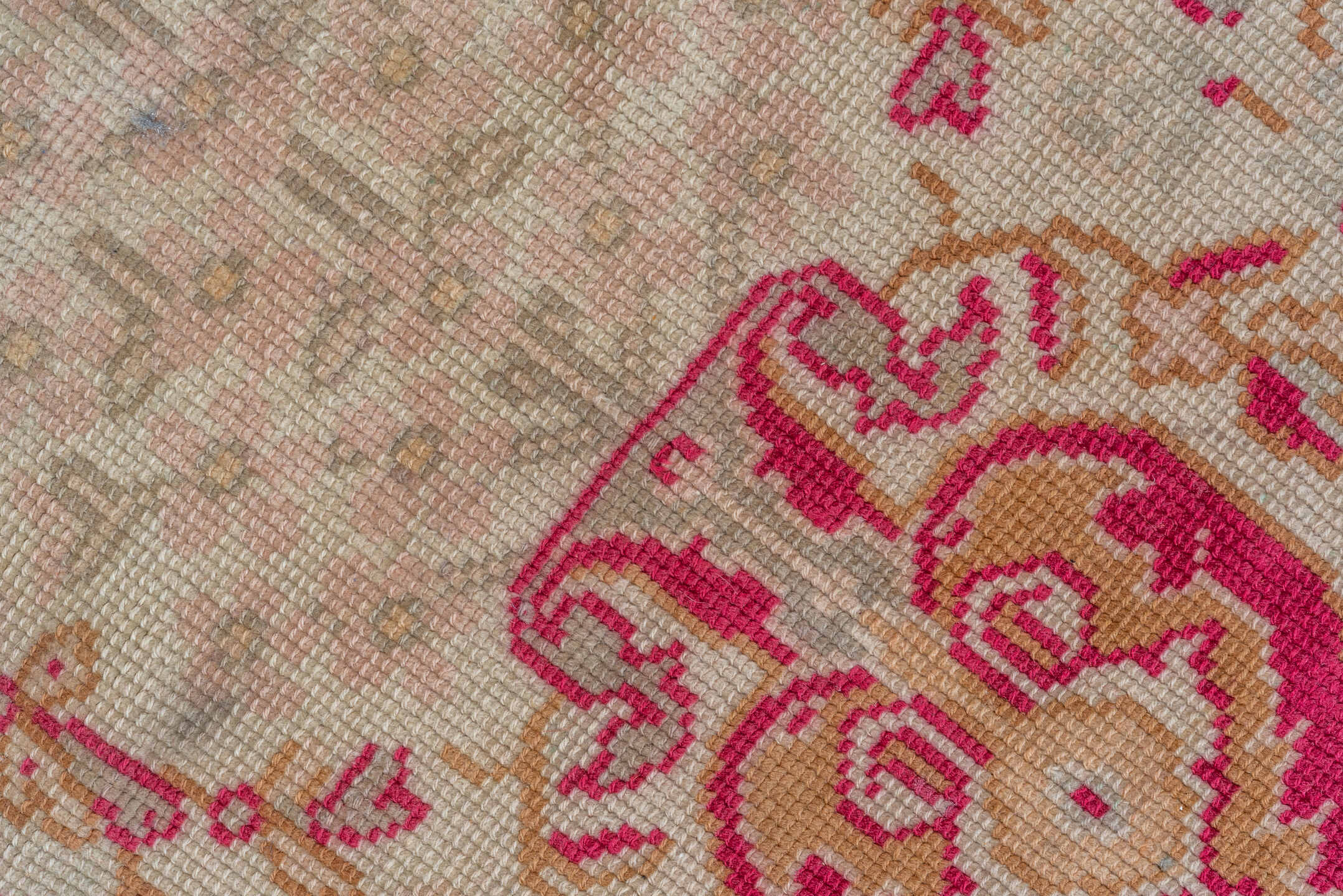 7' x 10' one-of-a-kind handmade antique Oushak large size rug. Color palette: ivory, raspberry, beige, rose, taupe, camel