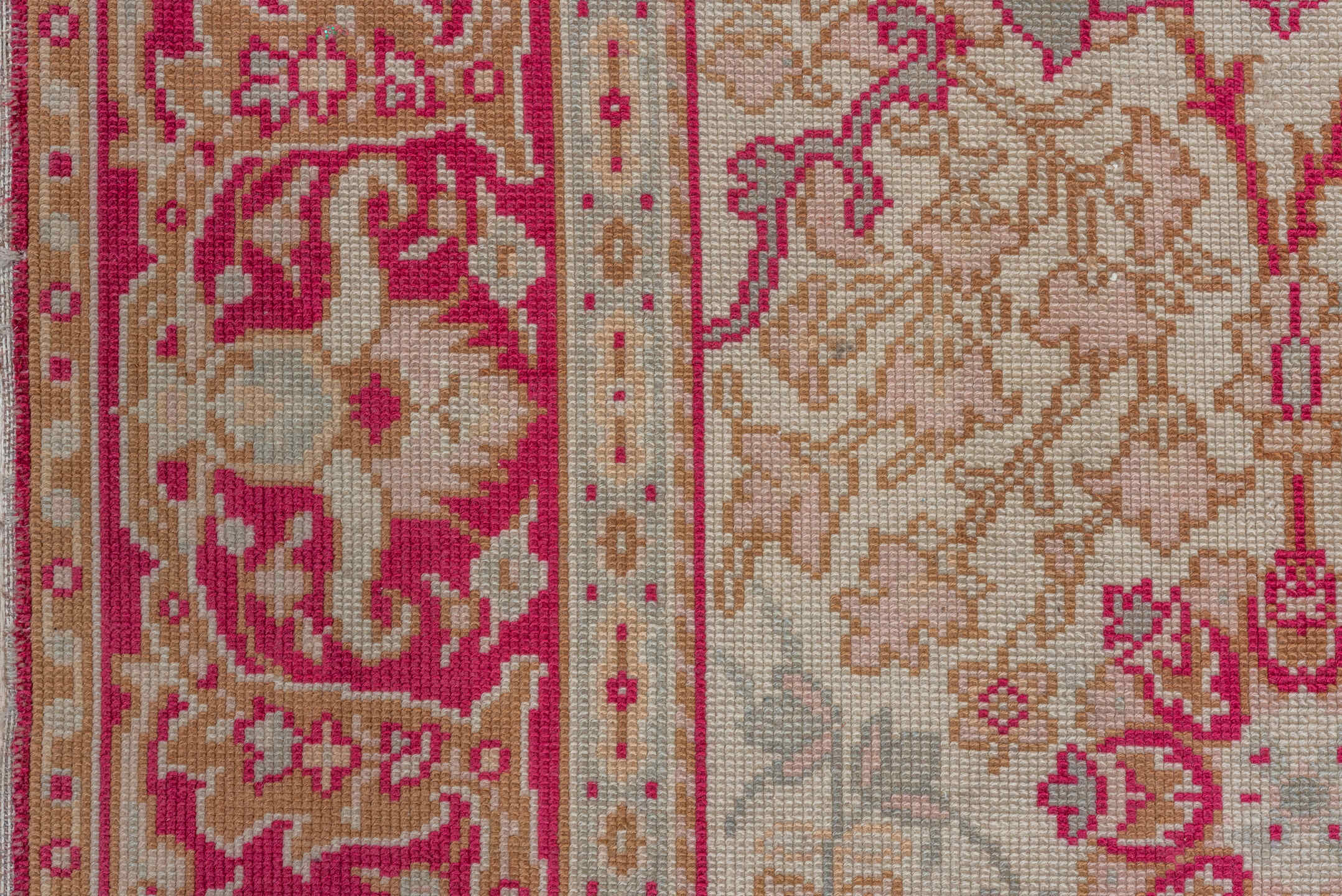 7' x 10' one-of-a-kind handmade antique Oushak large size rug. Color palette: ivory, raspberry, beige, rose, taupe, camel