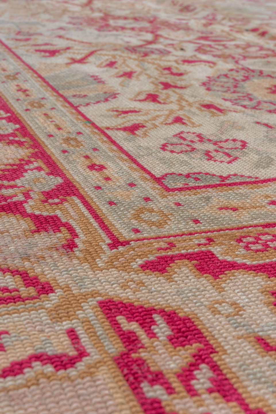 7' x 10' one-of-a-kind handmade antique Oushak large size rug. Color palette: ivory, raspberry, beige, rose, taupe, camel