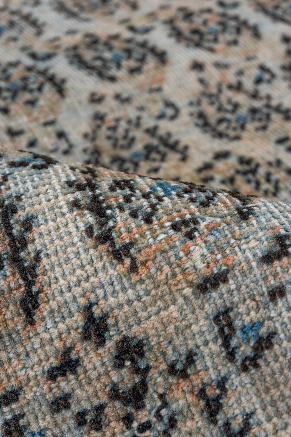 3' x 5' one-of-a-kind handmade antique Sivas small size rug. Color palette: ivory, sky blue, taupe, camel, charcoal, tan