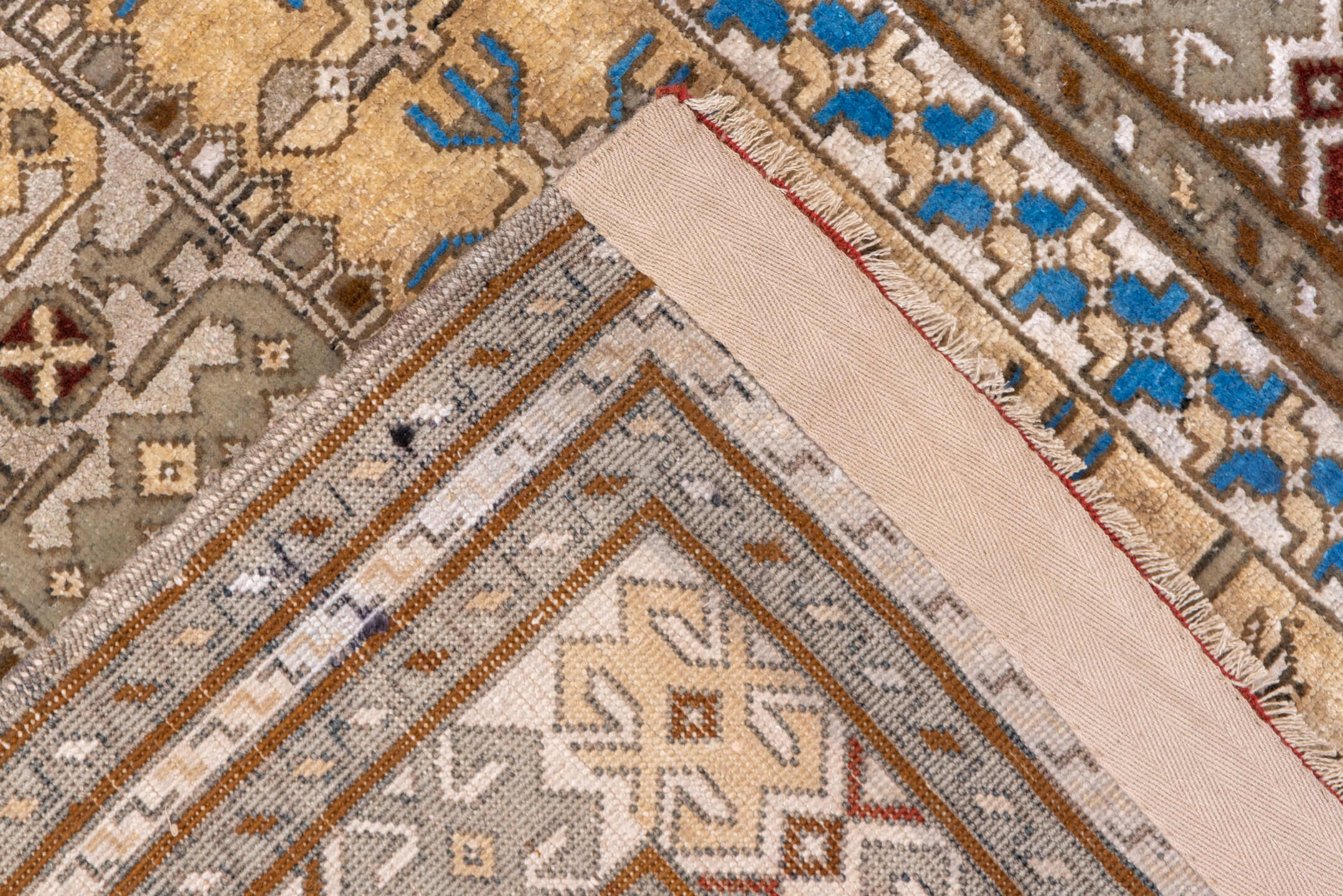 2' x 4' one-of-a-kind handmade vintage Sivas small size rug. Color palette: blue, brown, gray, light gray, light slate gray