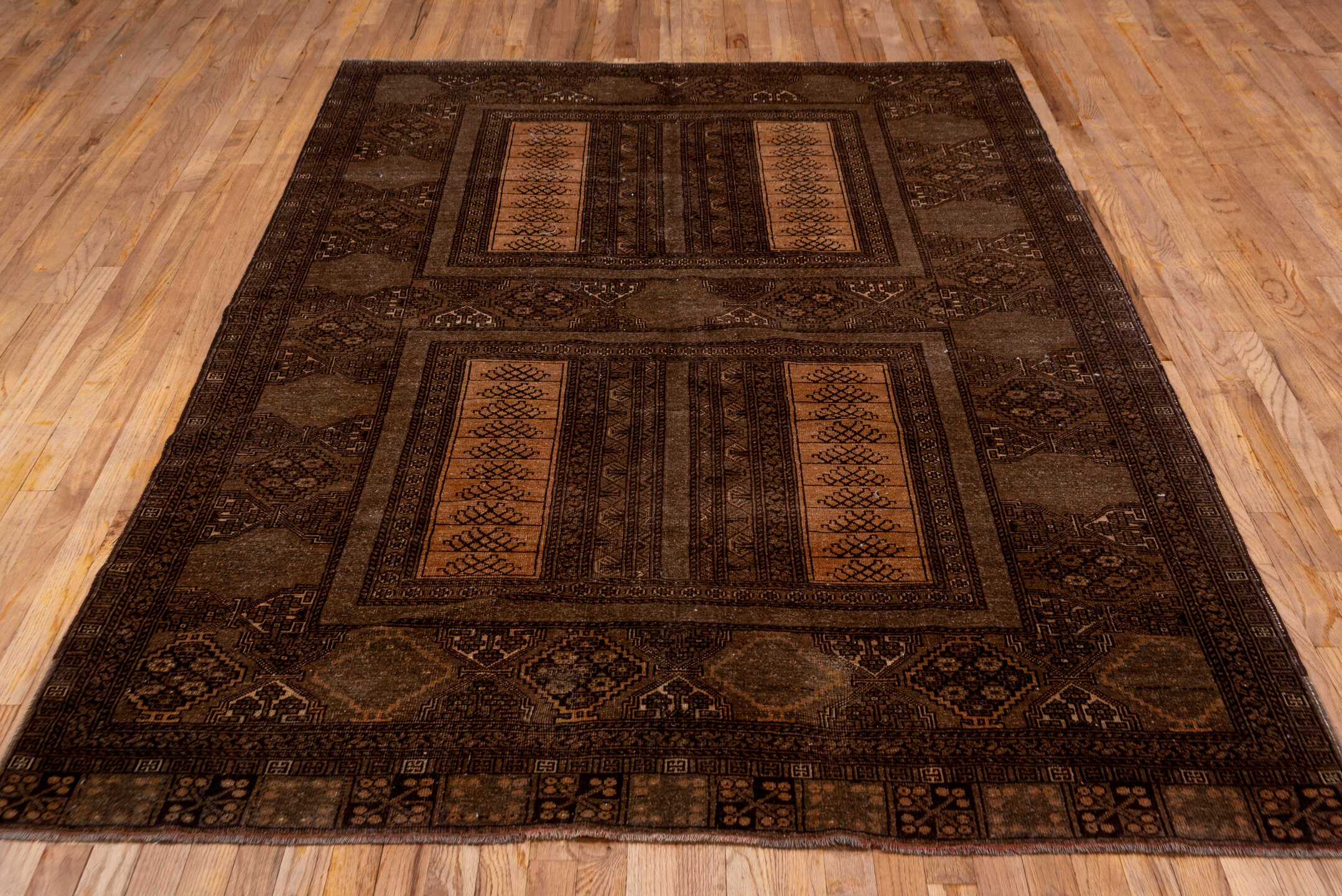 5' x 8' one-of-a-kind handmade antique Afghan medium size rug. Color palette: brown, camel, taupe, mahogany, tan, charcoal