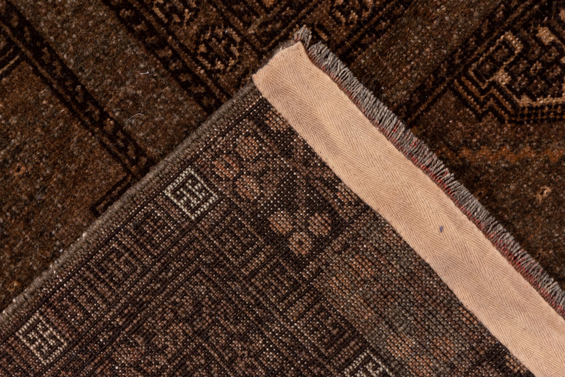 5' x 8' one-of-a-kind handmade antique Afghan medium size rug. Color palette: brown, camel, taupe, mahogany, tan, charcoal