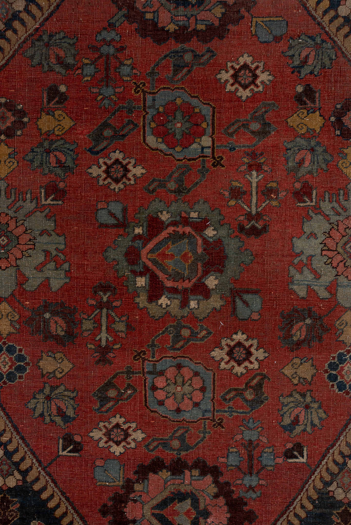 7' x 12' one-of-a-kind handmade antique Bidjar large size rug. Color palette: rust, navy, ivory, rose, slate, camel