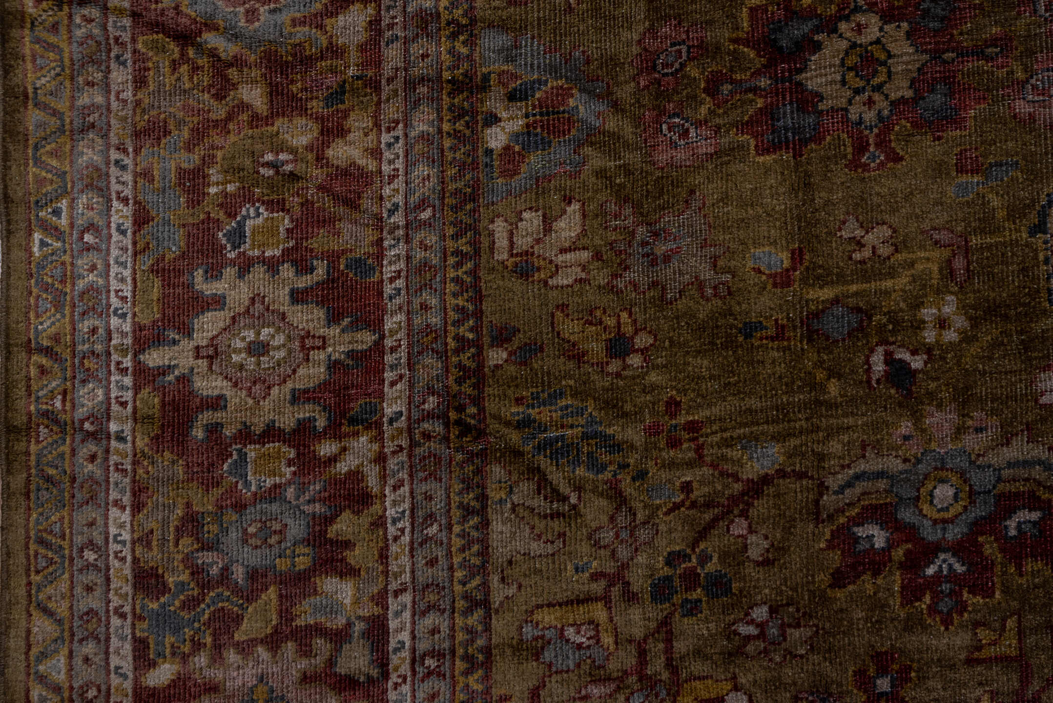 9' x 19' one-of-a-kind handmade antique Sultanabad rug. Color palette: camel, rust, taupe, ivory, burgundy, slate, rose