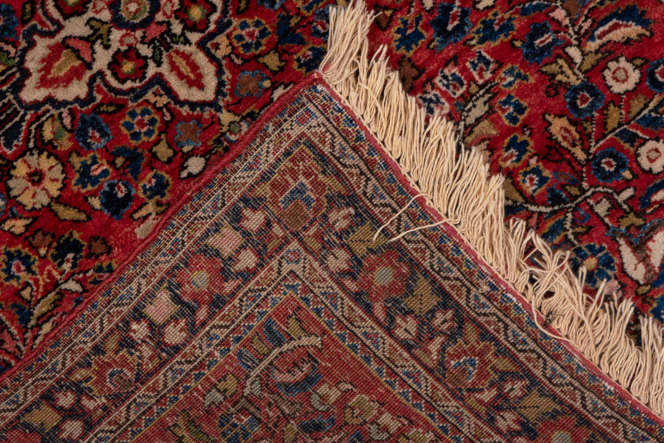 3' x 4' one-of-a-kind handmade vintage Sarouk small size rug. Color palette: red, navy, ivory, rust, camel, rose, charcoal