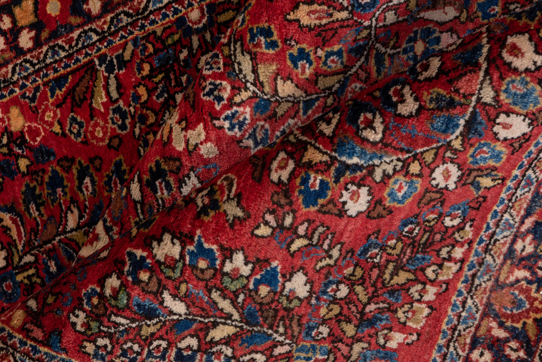 3' x 4' one-of-a-kind handmade vintage Sarouk small size rug. Color palette: red, navy, ivory, rust, camel, rose, charcoal