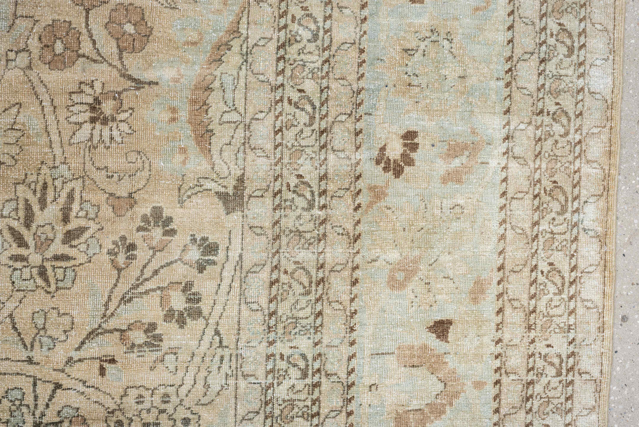10' x 13' one-of-a-kind handmade antique Meshed large size rug. Color palette: ivory, pale blue, taupe, camel, brown, sage