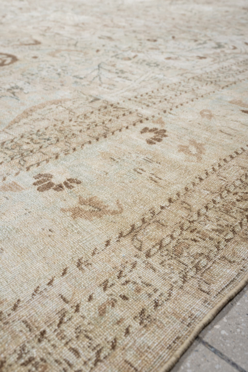 10' x 13' one-of-a-kind handmade antique Meshed large size rug. Color palette: ivory, pale blue, taupe, camel, brown, sage
