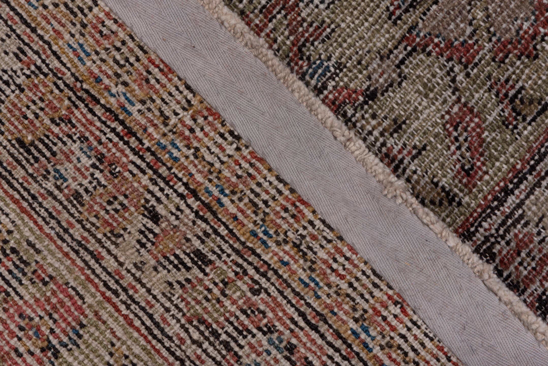 8' x 19' one-of-a-kind handmade antique Farahan rug. Color palette: ivory, taupe, rose, slate, rust, sage, burgundy, beige