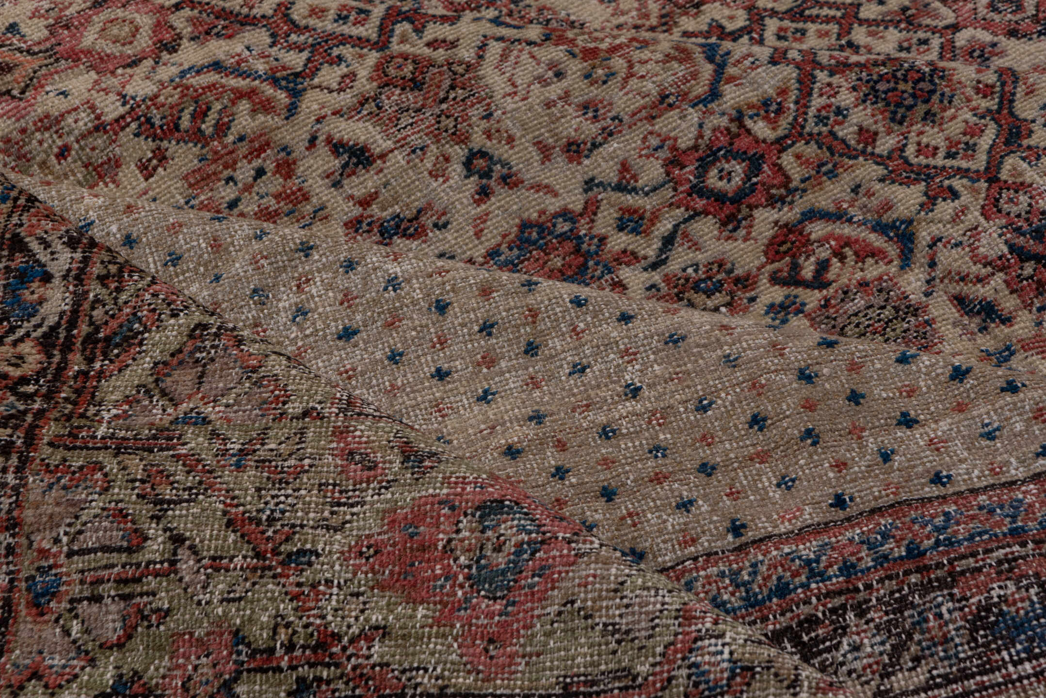 8' x 19' one-of-a-kind handmade vintage Farahan rug. Color palette: black, blue, brown, charcoal, gray, pink, red