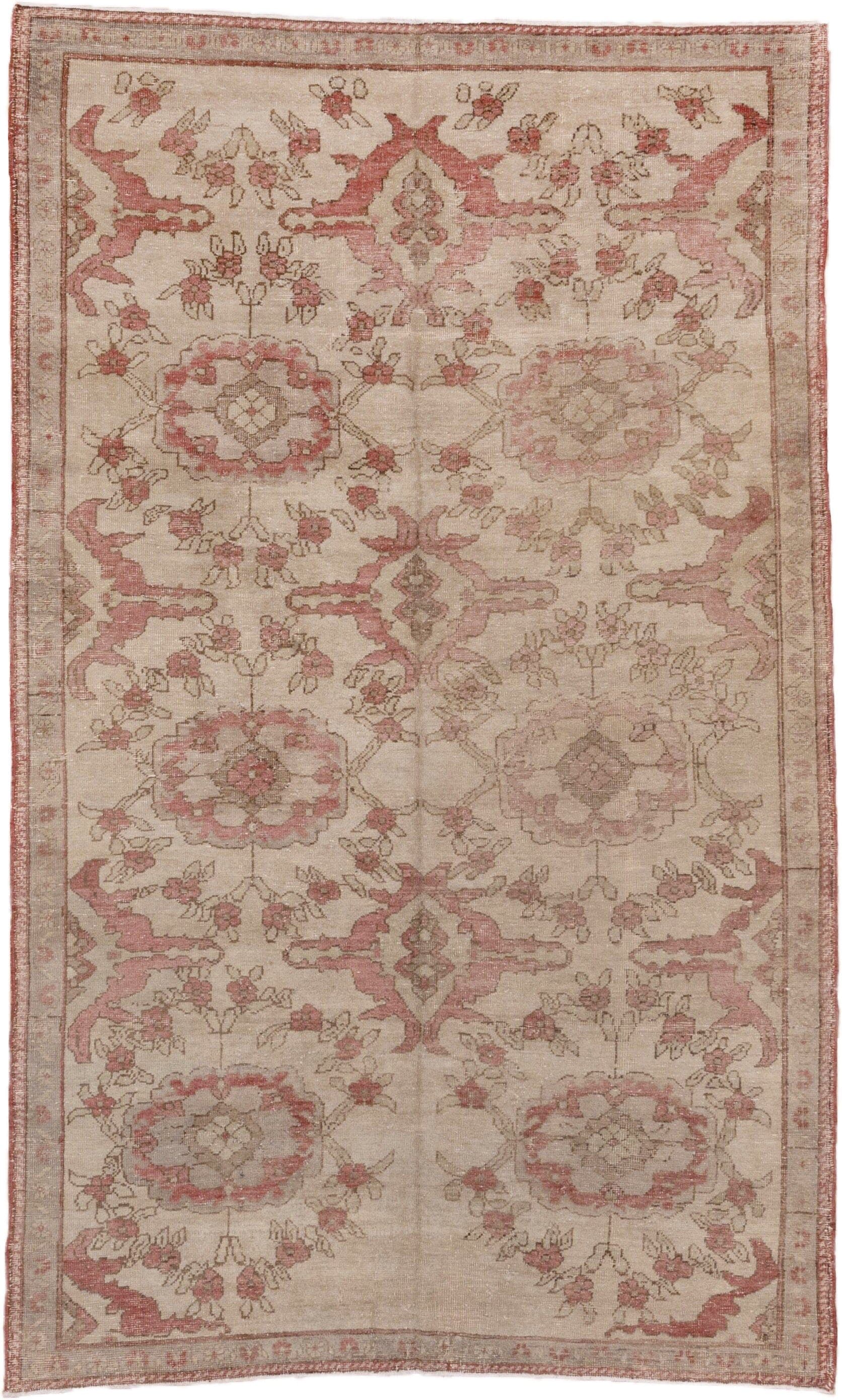5' x 9' one-of-a-kind handmade vintage Oushak medium size rug. Color palette: ivory, rose, blush, taupe, beige, sage, pink