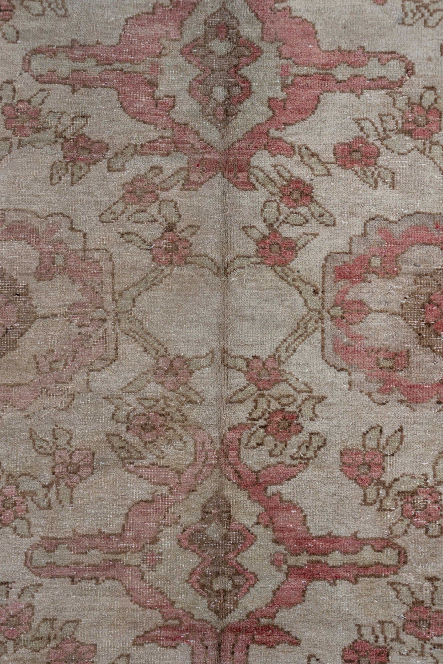 5' x 9' one-of-a-kind handmade vintage Oushak medium size rug. Color palette: ivory, rose, blush, taupe, beige, sage, pink