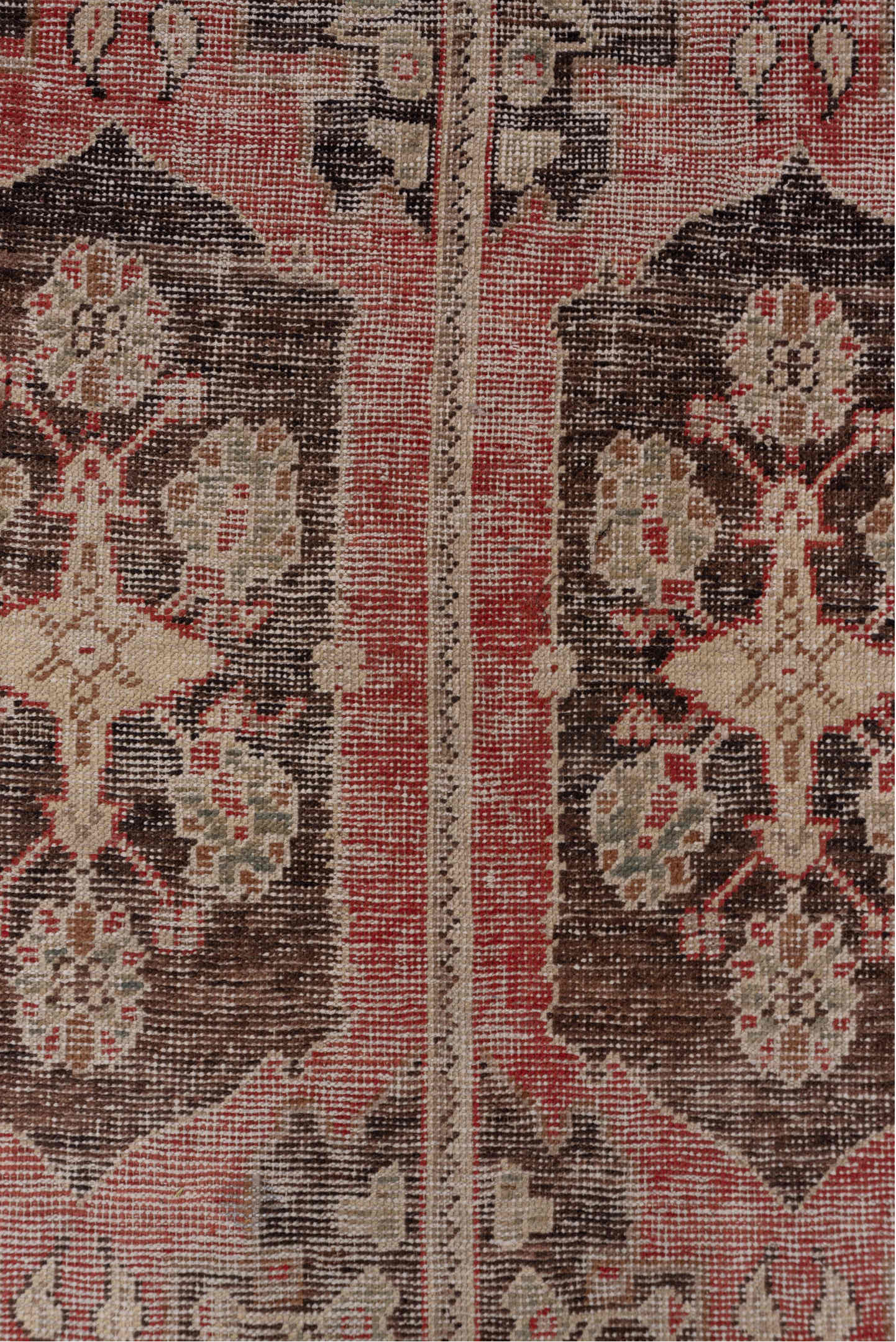 4' x 7' one-of-a-kind handmade vintage Oushak rug. Color palette: rose, ivory, taupe, brown, burgundy, sage, pink, red