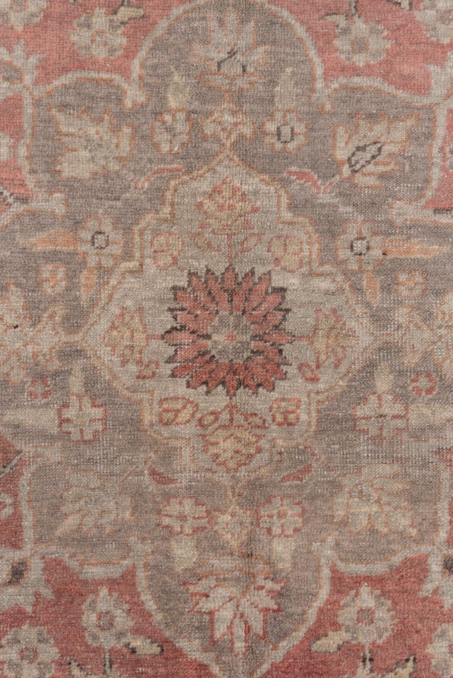 4' x 6' one-of-a-kind handmade vintage Oushak small size rug. Color palette: rose, taupe, ivory, gray, terra cotta, beige