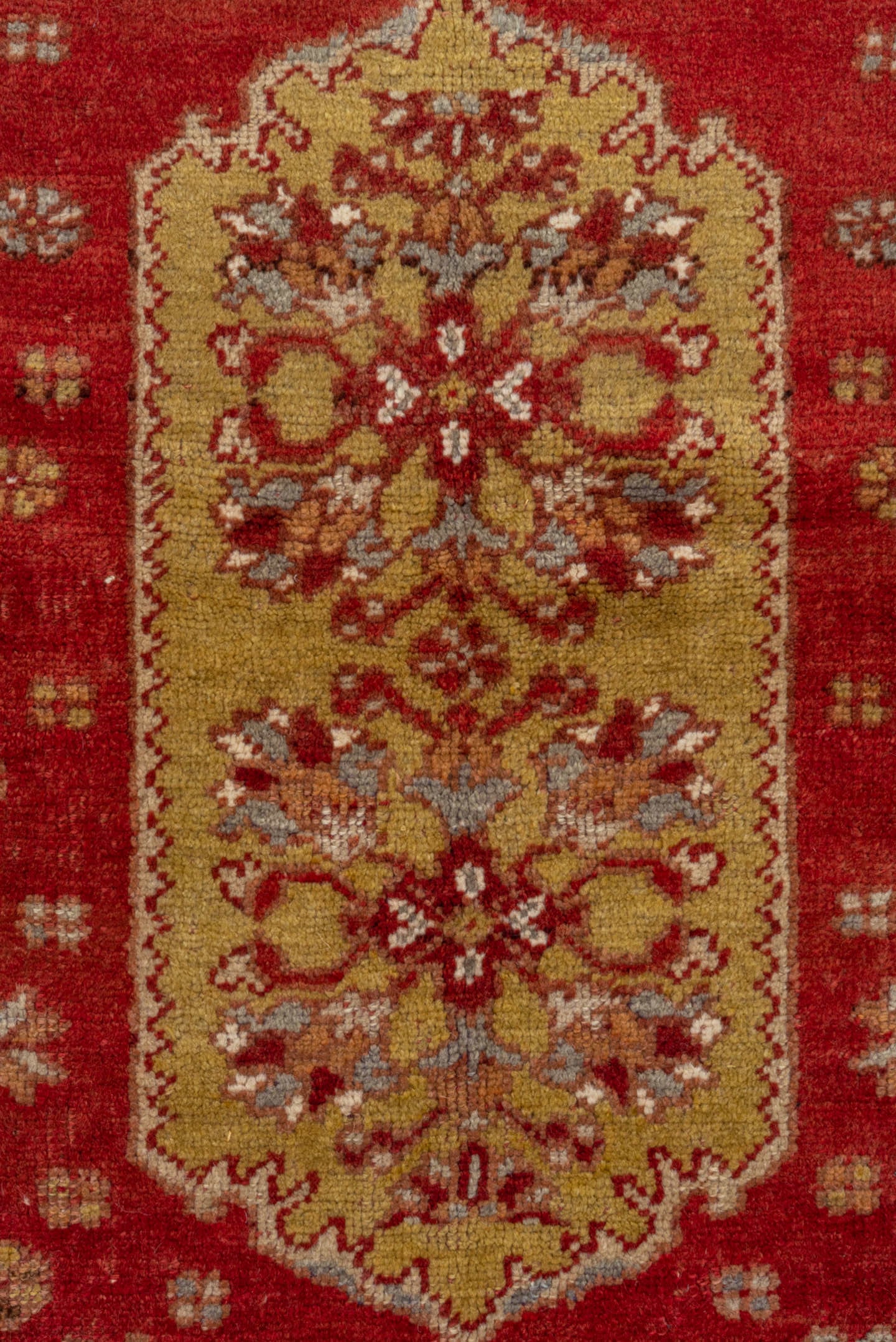3' x 5' one-of-a-kind handmade vintage Oushak small size rug. Color palette: red, ivory, rust, gold, camel, burgundy, taupe