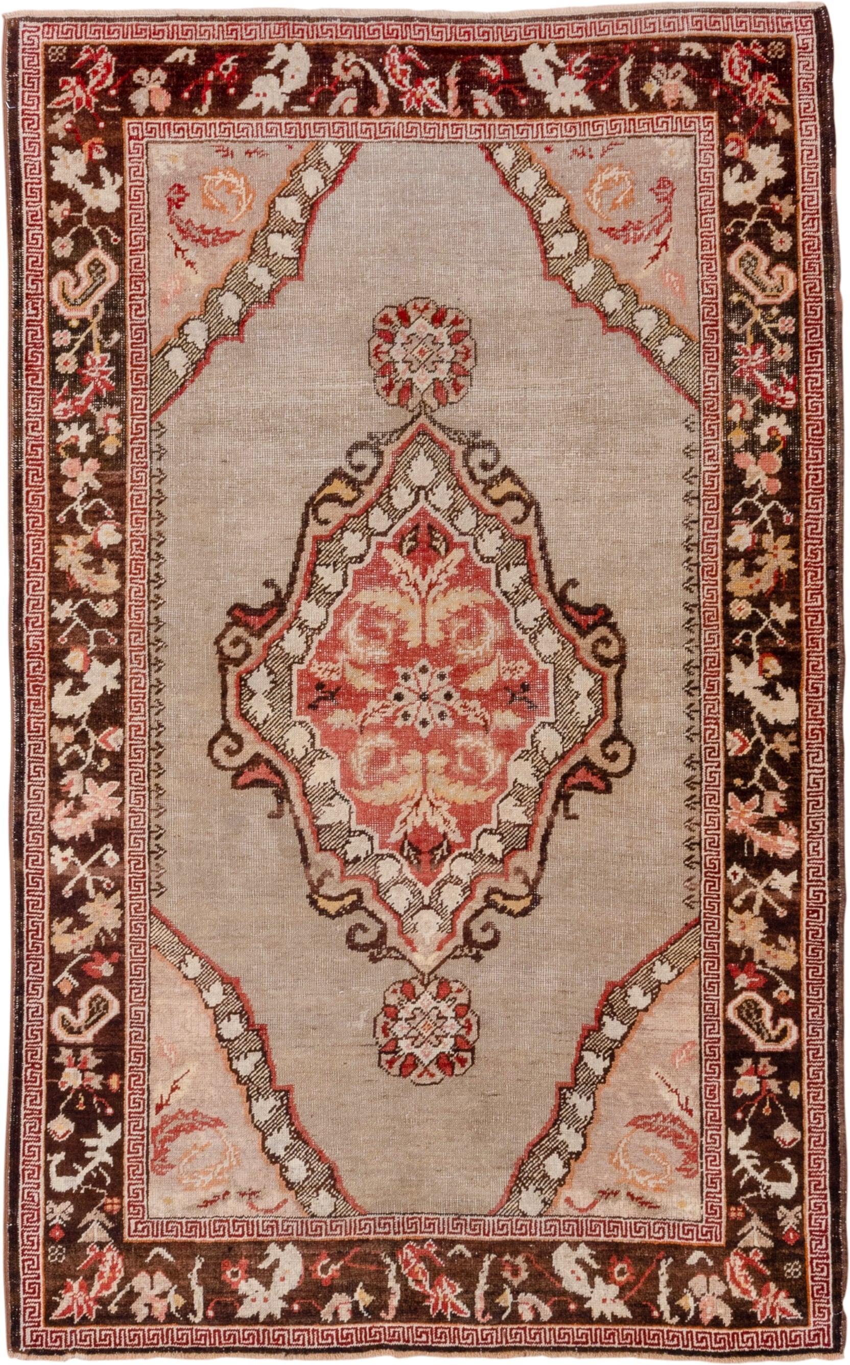 4' x 6' one-of-a-kind handmade vintage Oushak small size rug. Color palette: ivory, brown, coral, blush, rust, taupe, cream