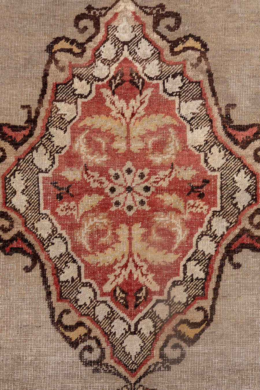 4' x 6' one-of-a-kind handmade vintage Oushak small size rug. Color palette: ivory, brown, coral, blush, rust, taupe, cream
