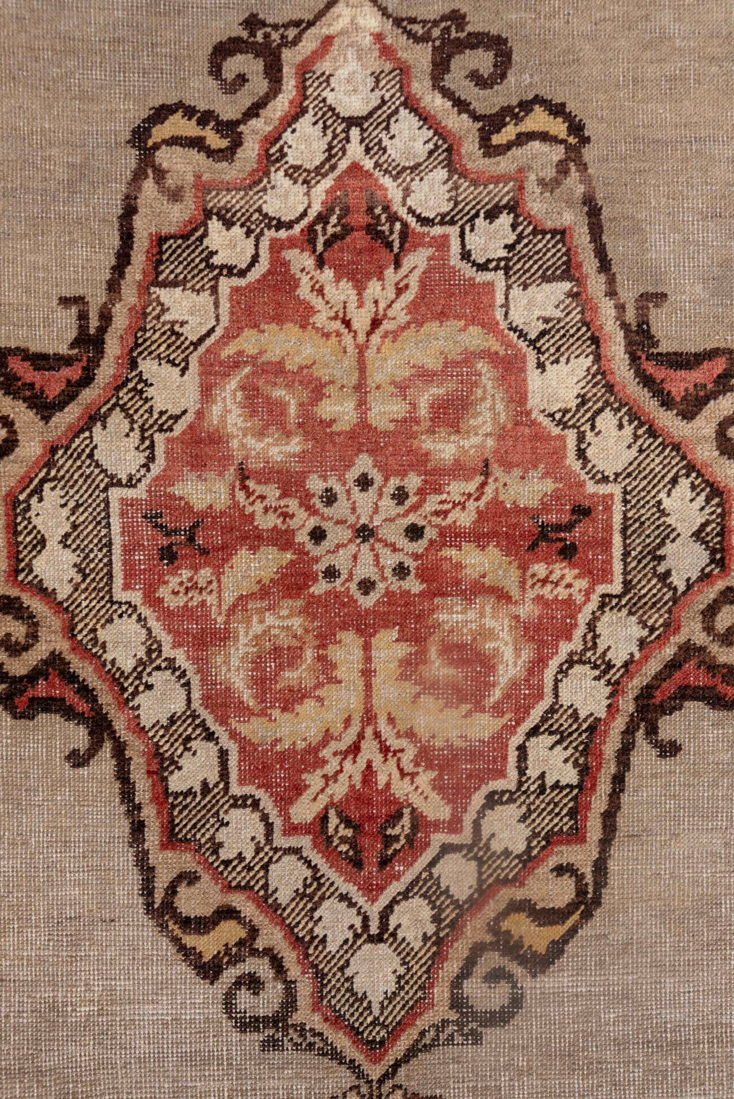 4' x 6' one-of-a-kind handmade vintage Oushak small size rug. Color palette: ivory, brown, coral, blush, rust, taupe, cream