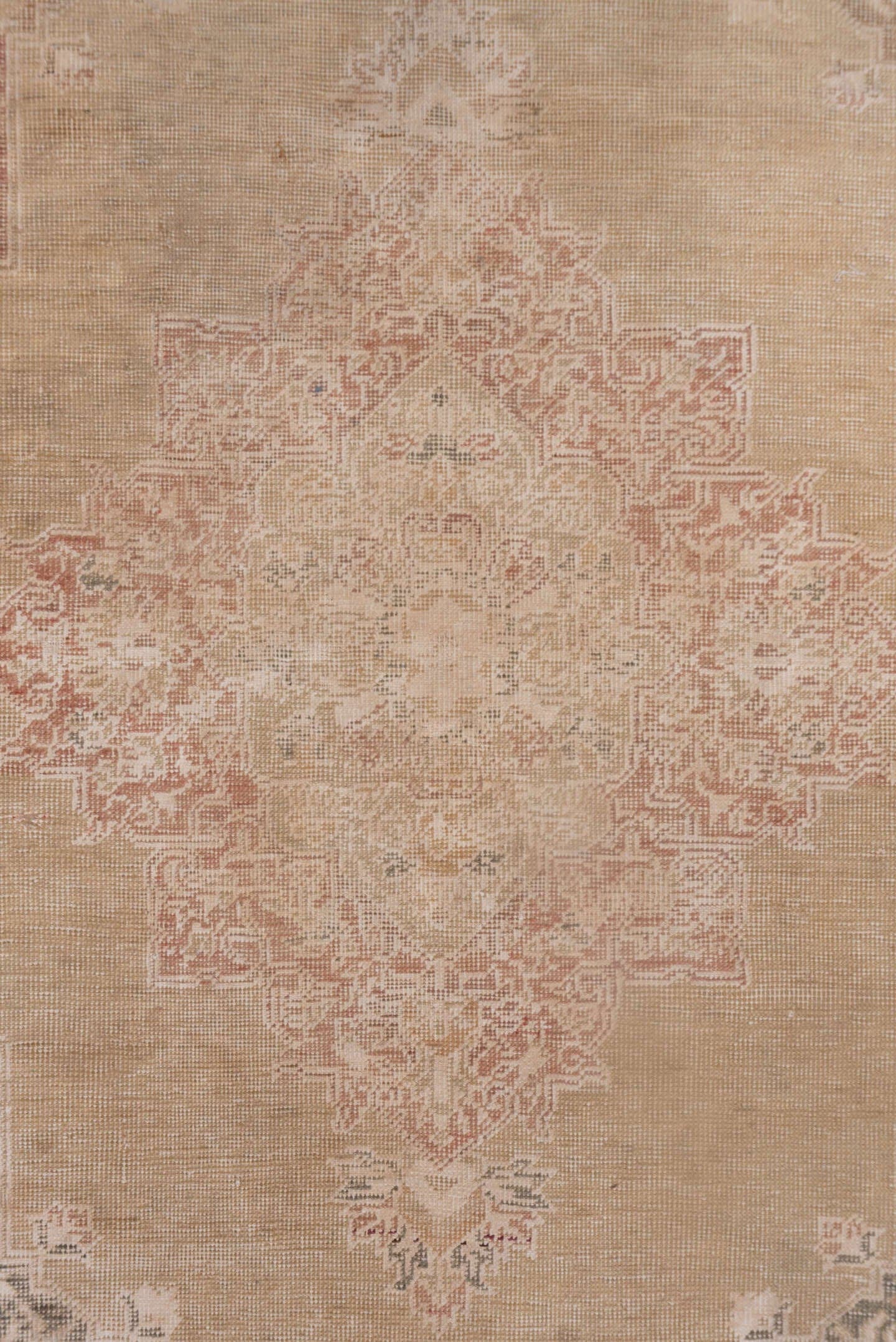 4' x 5' one-of-a-kind handmade vintage Kaisary small size rug. Color palette: camel, taupe, rose, ivory, sage, terra cotta