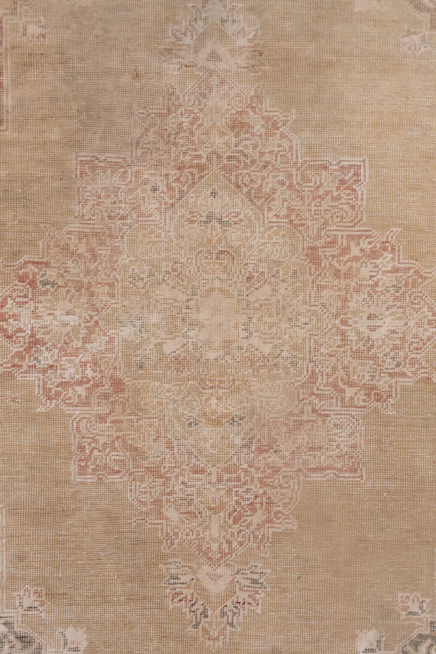 4' x 5' one-of-a-kind handmade vintage Kaisary small size rug. Color palette: camel, taupe, rose, ivory, sage, terra cotta