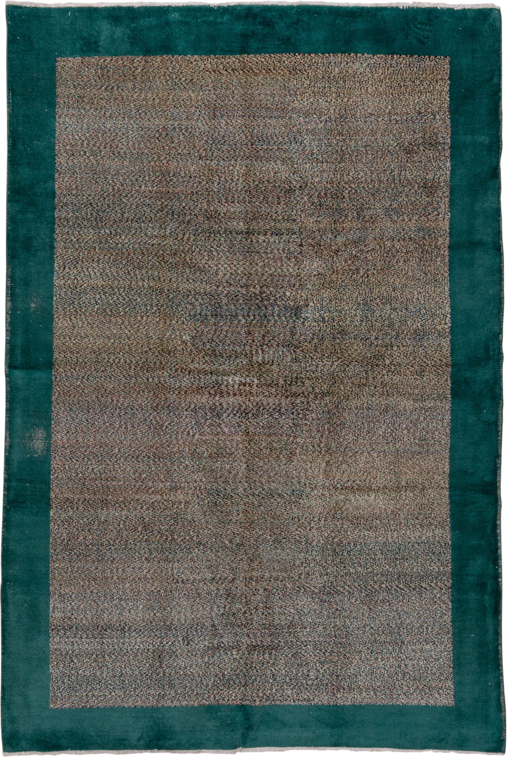 6' x 9' one-of-a-kind handmade vintage Oushak medium size rug. Color palette: taupe, teal, charcoal, ivory, brown, beige