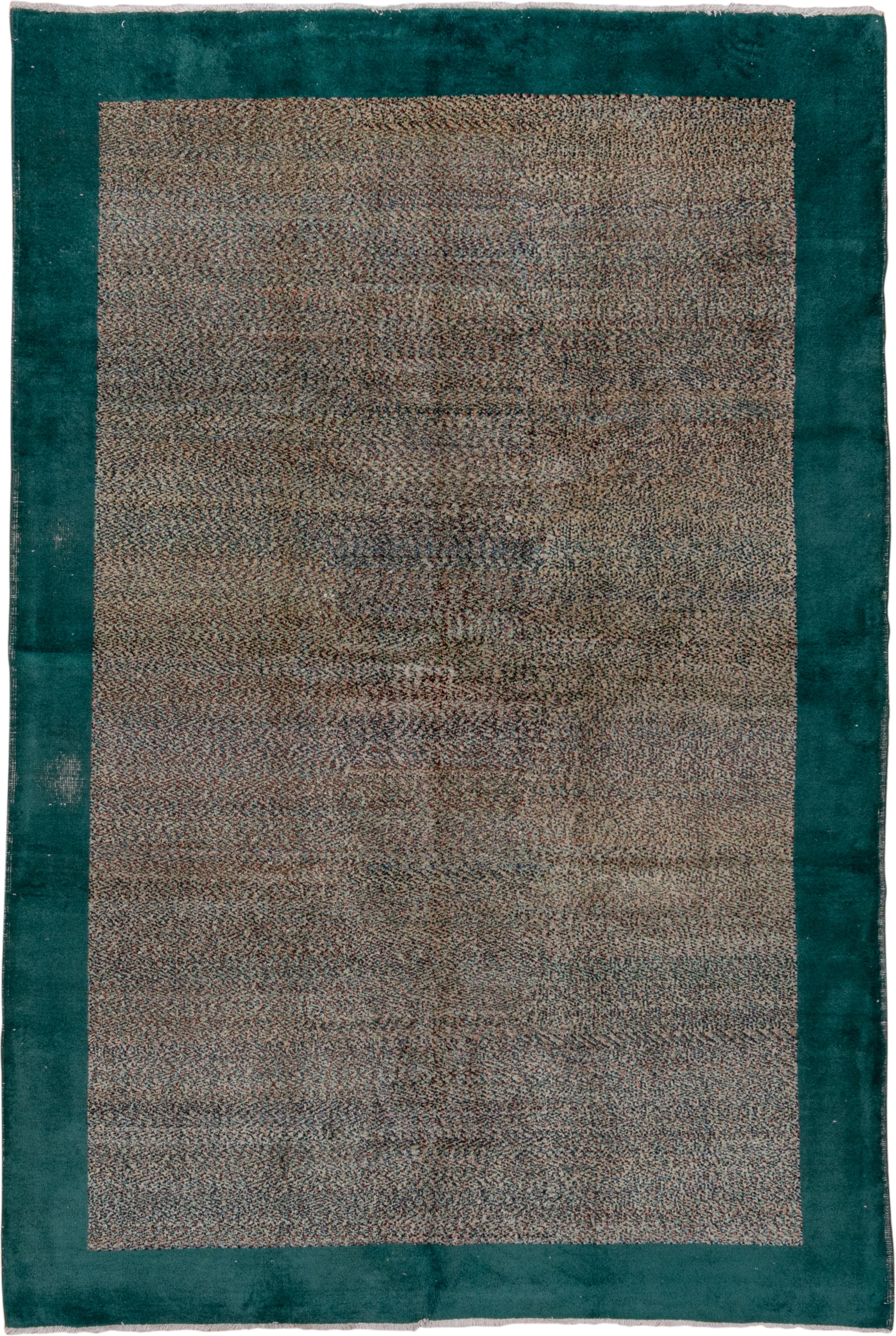 6' x 9' one-of-a-kind handmade vintage Oushak medium size rug. Color palette: taupe, teal, charcoal, ivory, brown, beige
