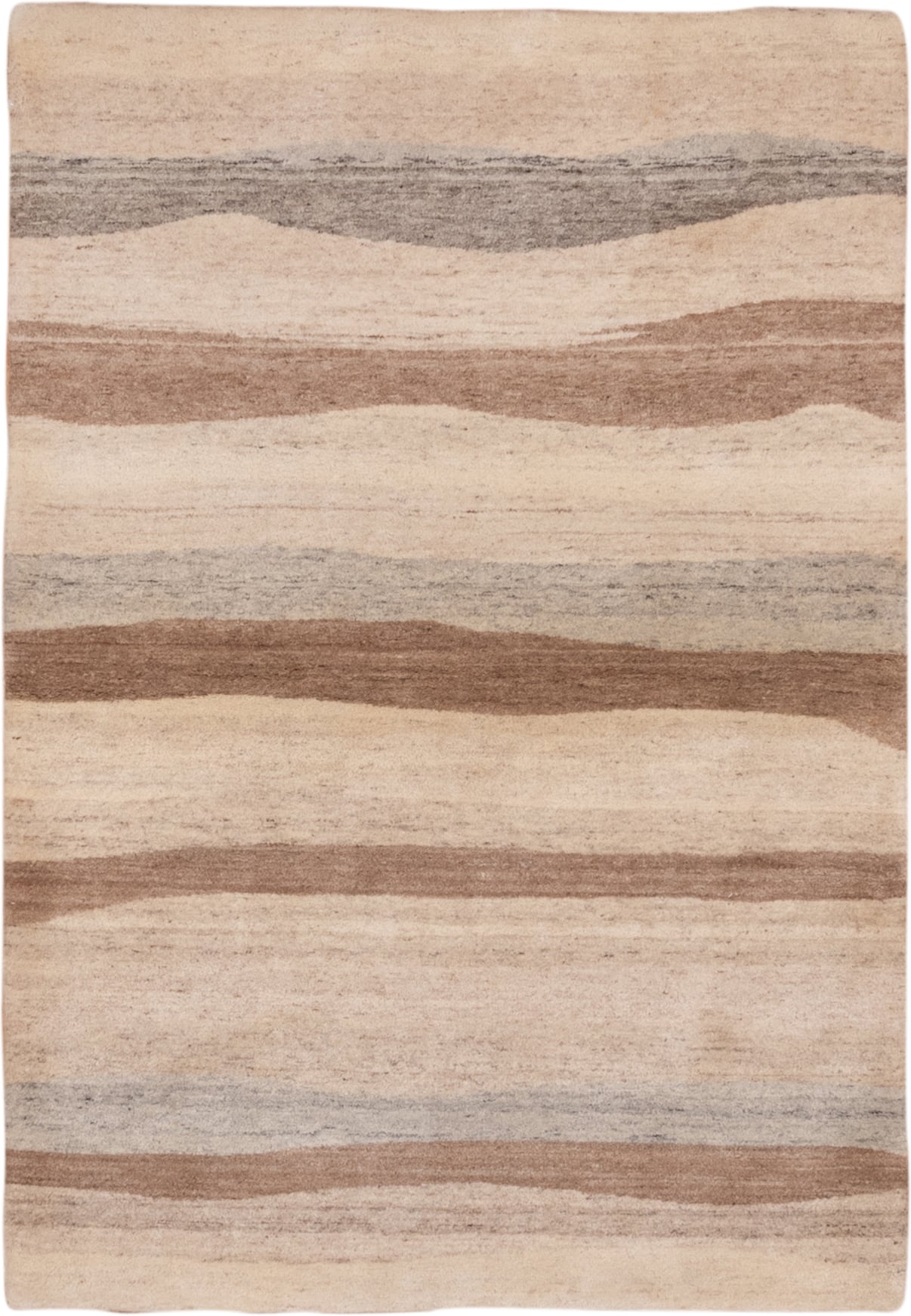 4' x 6' one-of-a-kind handmade vintage Ocean small size rug. Color palette: ivory, taupe, camel, gray, beige