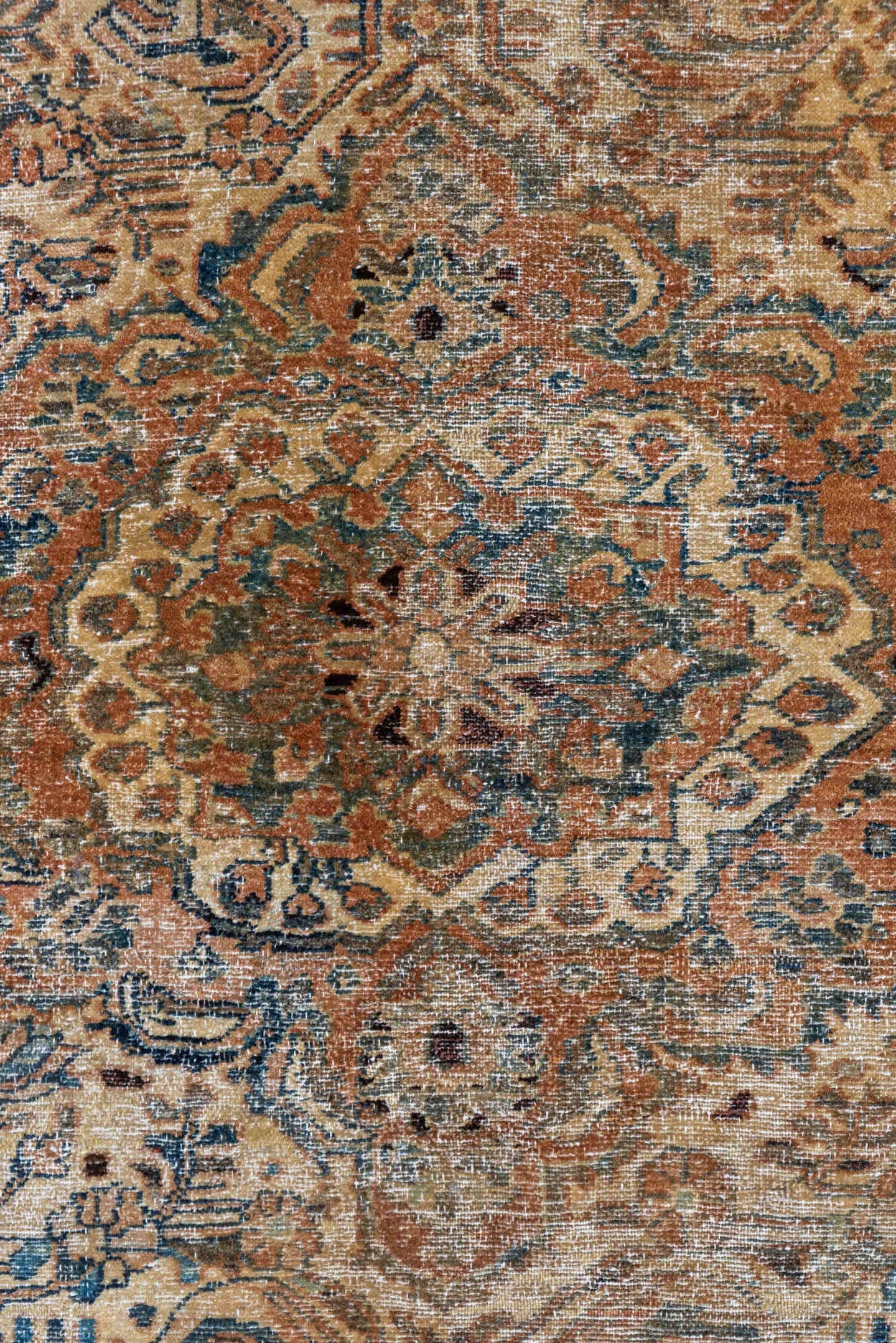 5' x 6' one-of-a-kind handmade vintage Sivas rug. Color palette: taupe, brown, ivory, terra cotta, navy, slate, camel, sage