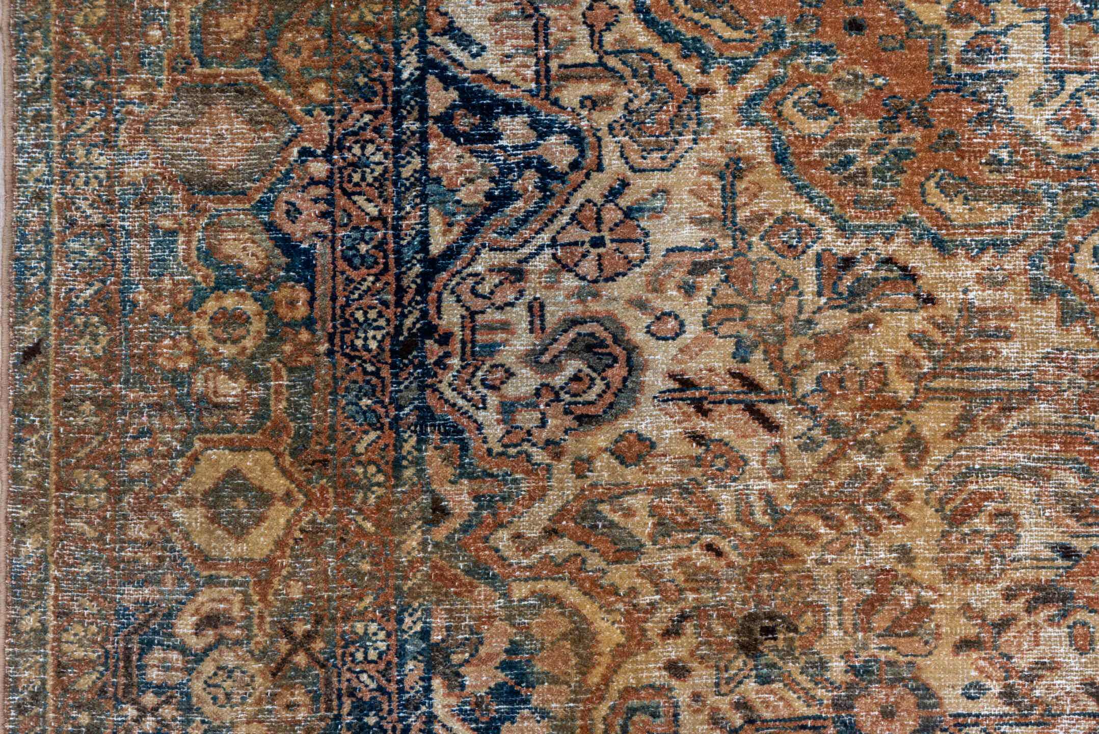 5' x 6' one-of-a-kind handmade vintage Sivas rug. Color palette: taupe, brown, ivory, terra cotta, navy, slate, camel, sage