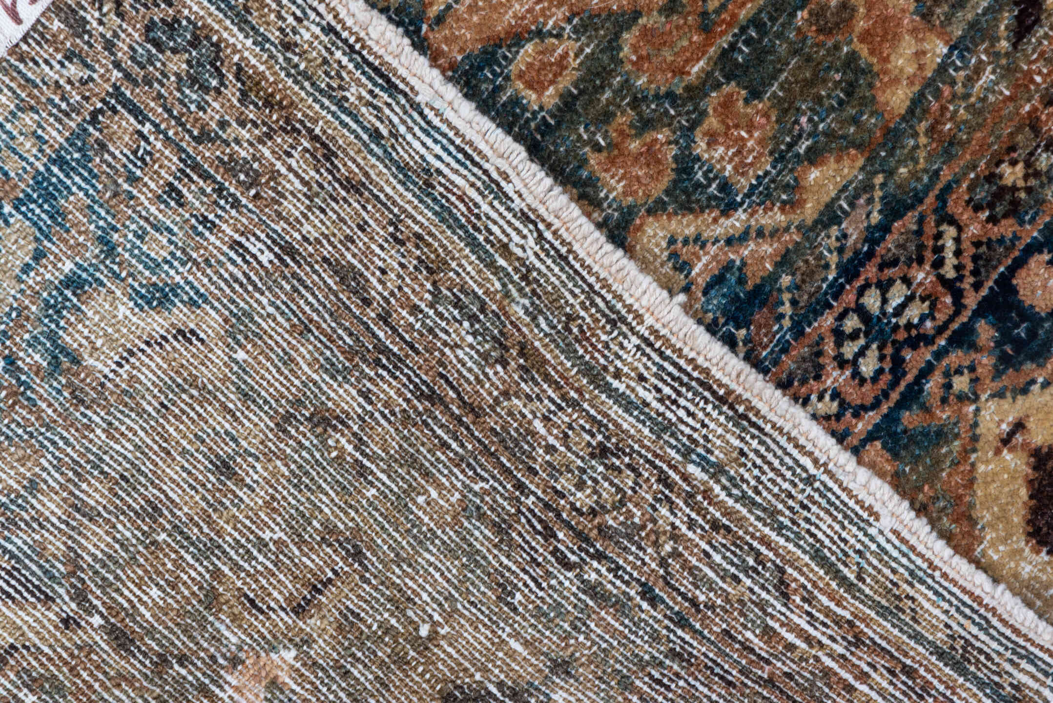 5' x 6' one-of-a-kind handmade vintage Sivas rug. Color palette: taupe, brown, ivory, terra cotta, navy, slate, camel, sage