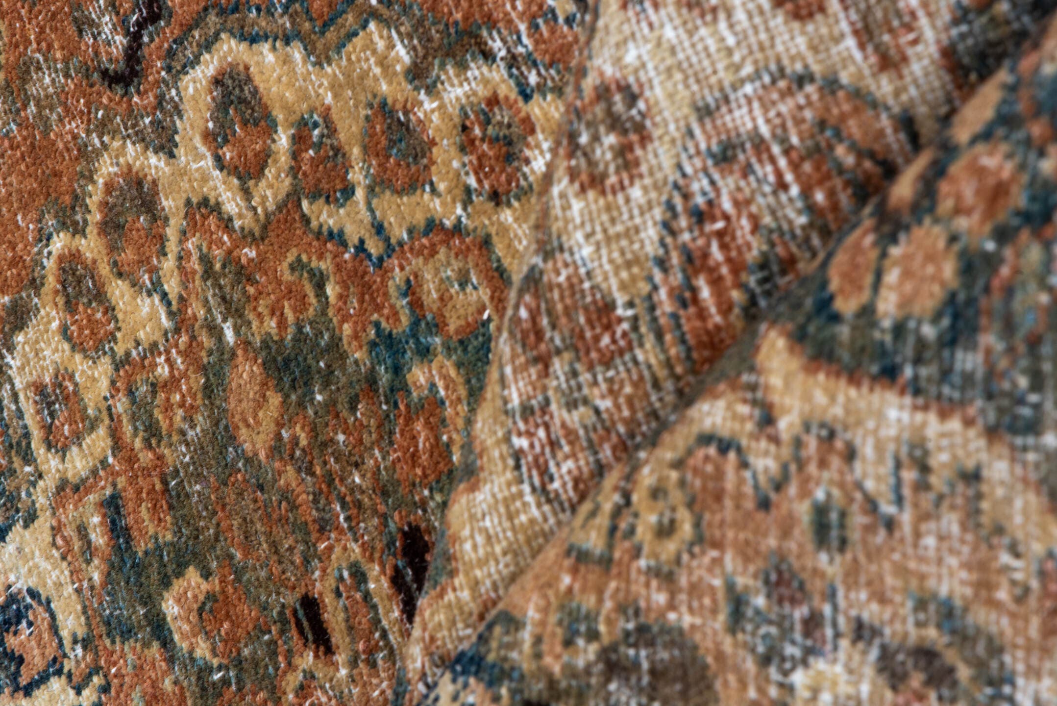 5' x 6' one-of-a-kind handmade vintage Sivas rug. Color palette: taupe, brown, ivory, terra cotta, navy, slate, camel, sage