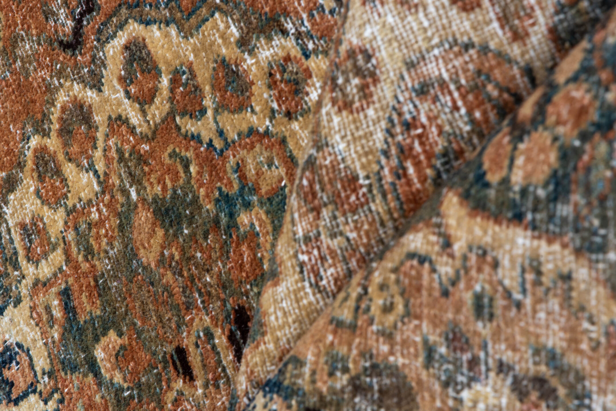 5' x 6' one-of-a-kind handmade vintage Sivas rug. Color palette: taupe, brown, ivory, terra cotta, navy, slate, camel, sage