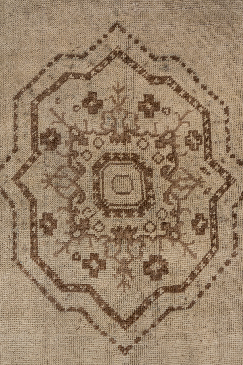 6' x 9' one-of-a-kind handmade vintage Oushak medium size rug. Color palette: taupe, brown, beige, ivory, gray